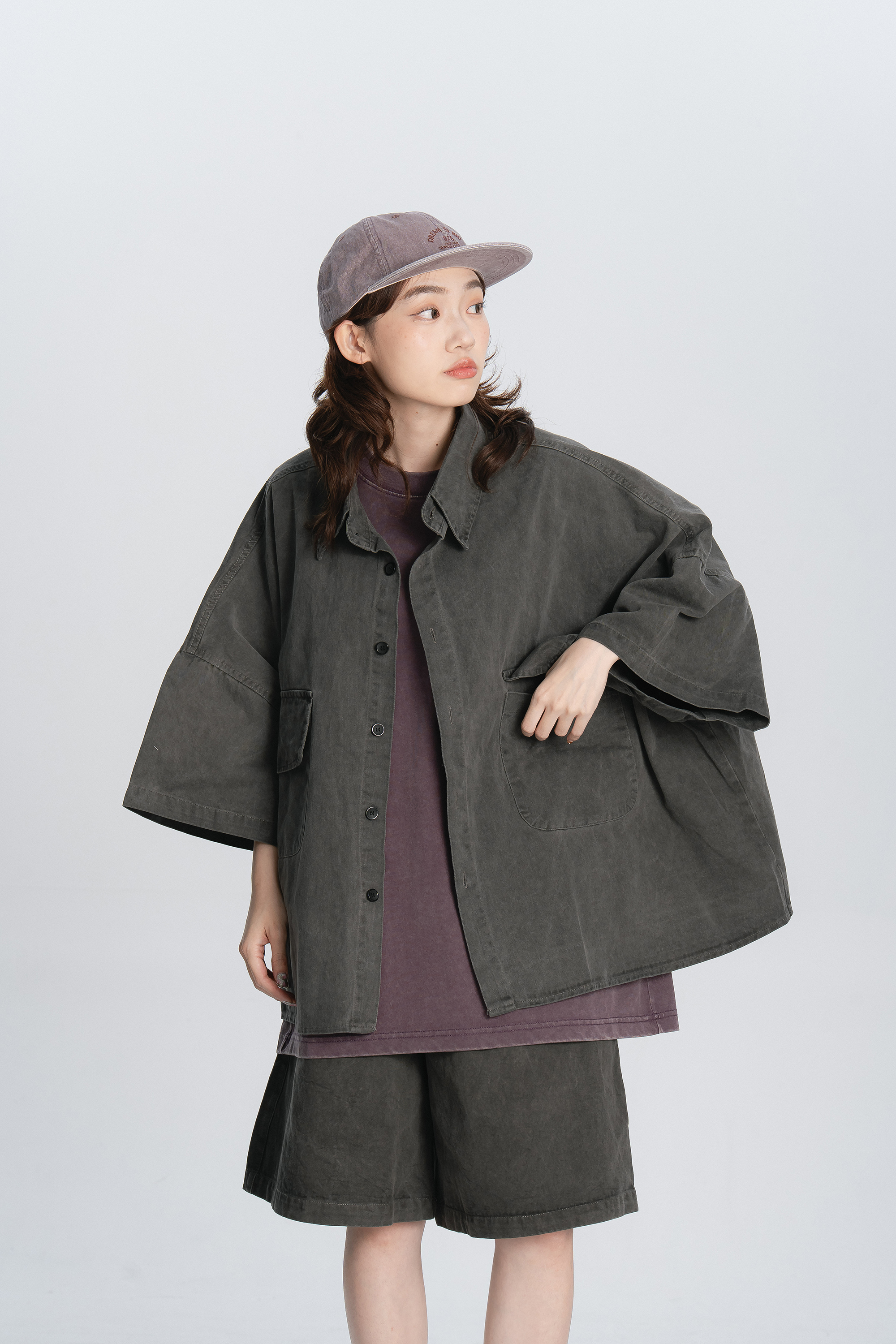 寬大版水洗工裝短襯 3色