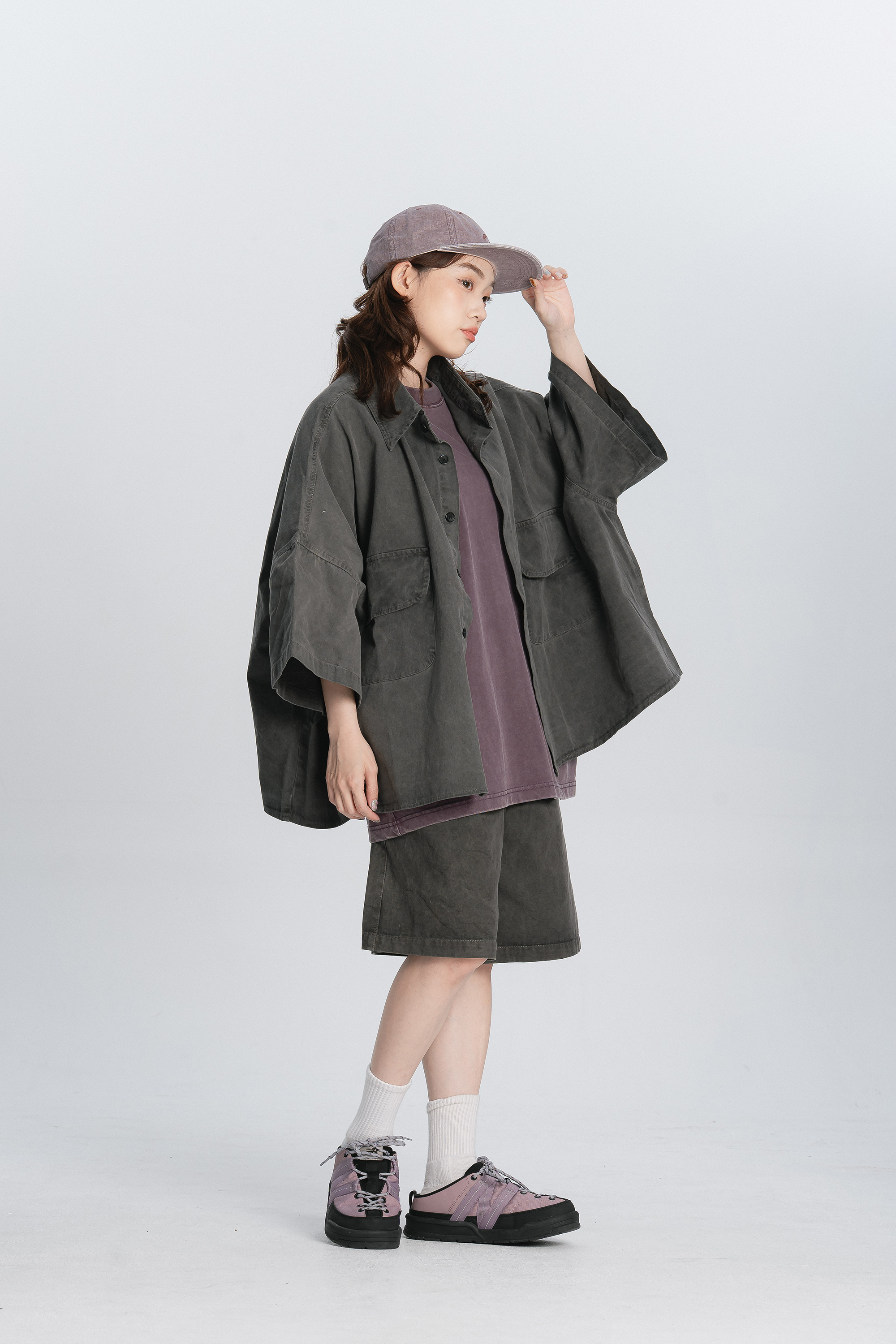 寬大版水洗工裝短襯 3色