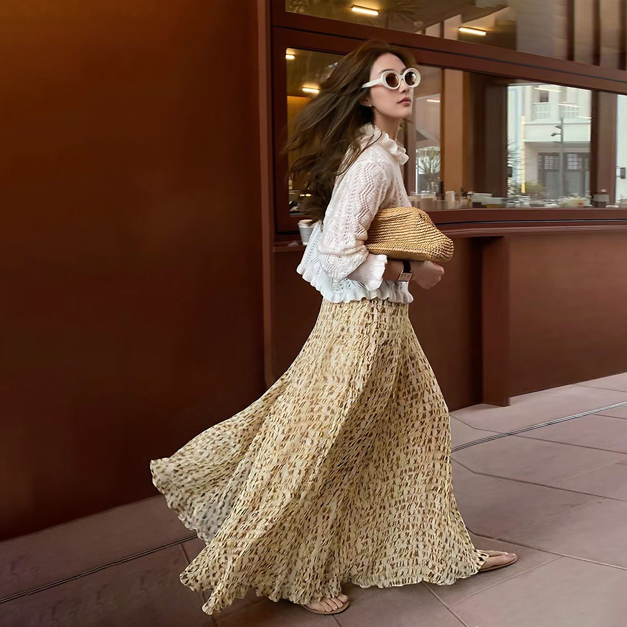 檸檬黃配色壓摺感側開衩傘擺長裙-S-XL (Elegant & Love)