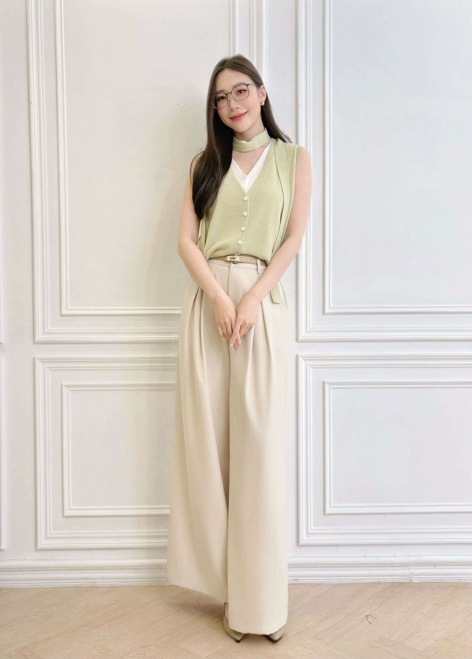 V領雙層撞色領巾針織背心