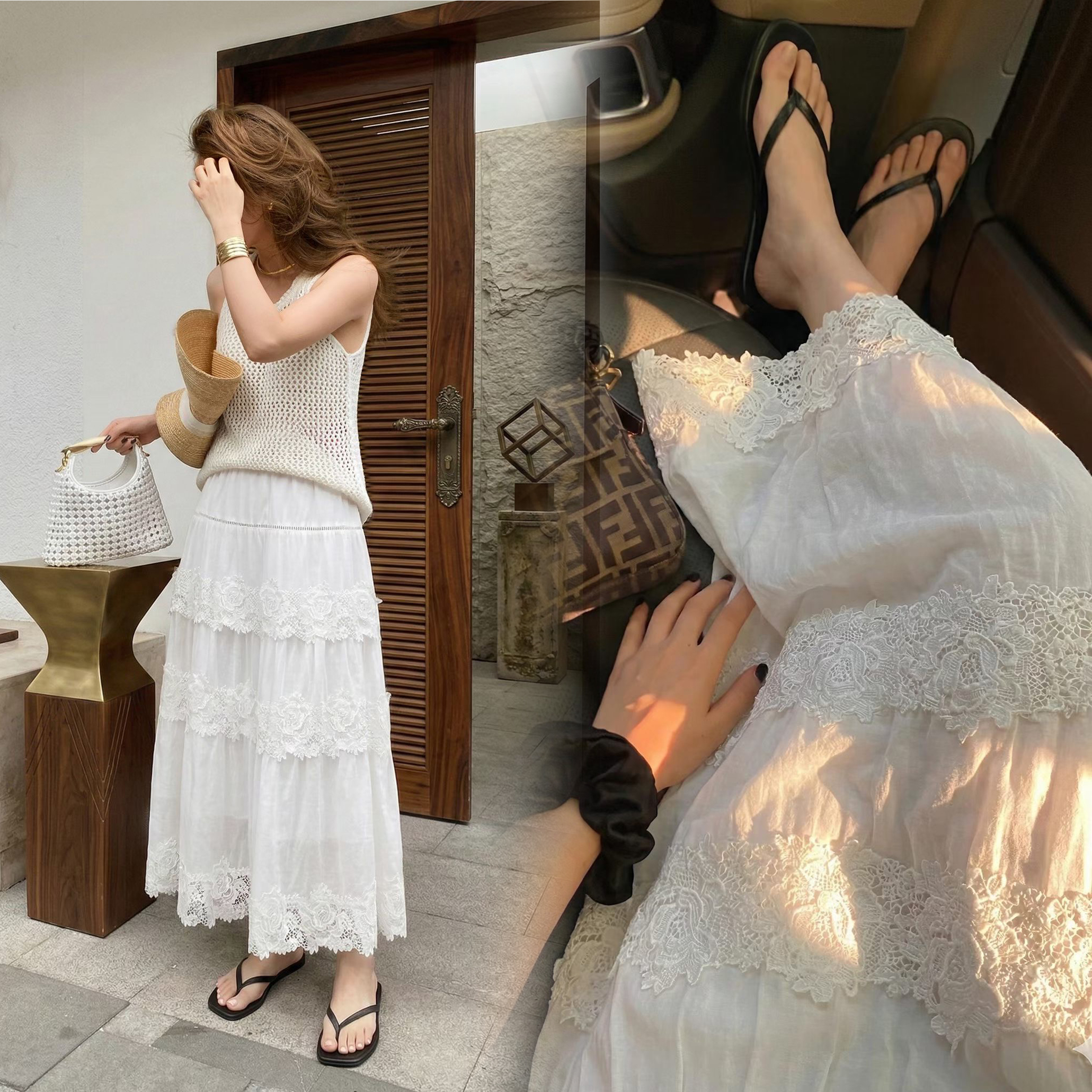 雲朵白鬆緊腰層次蕾絲滾邊長裙-S-XL (Elegant & Love)