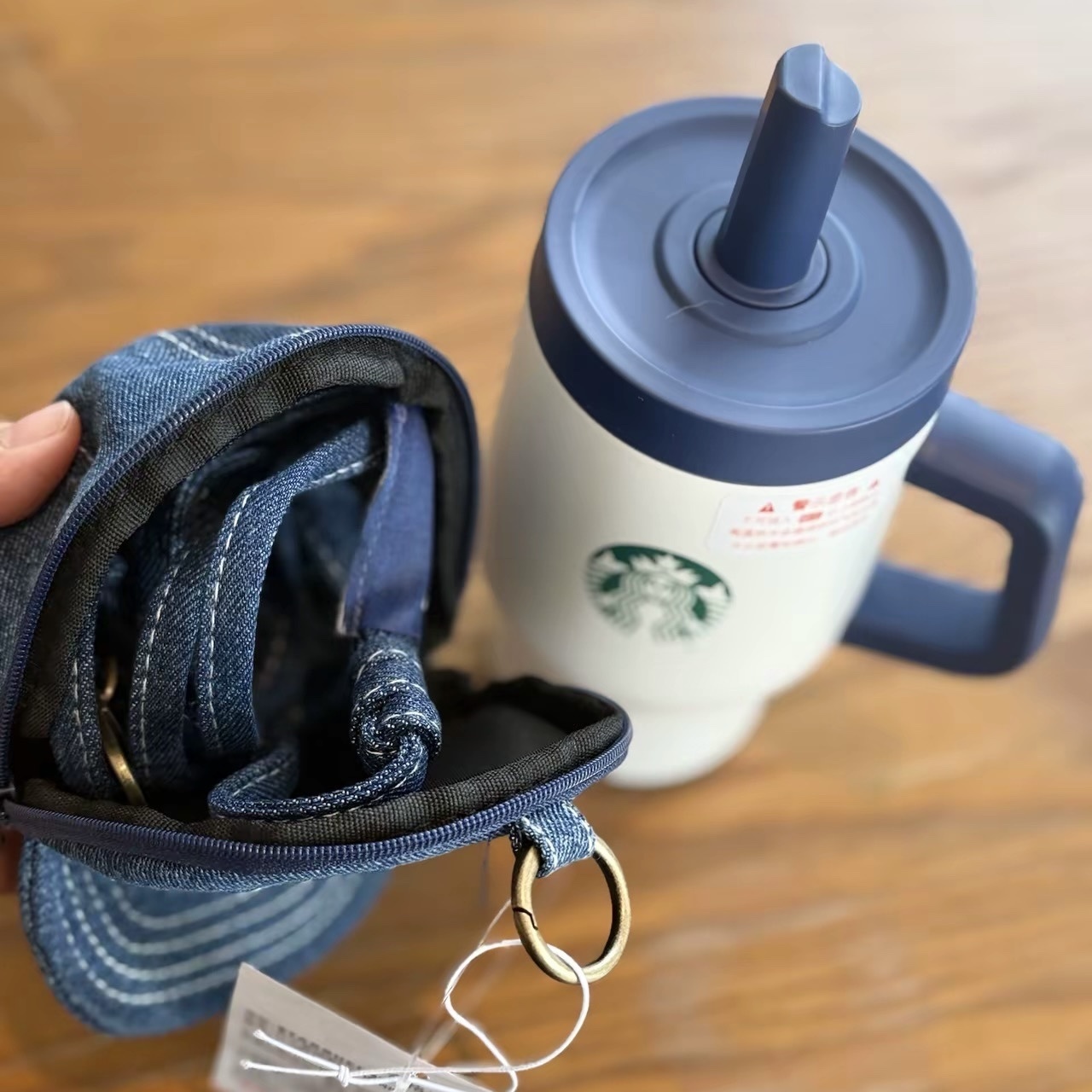 STARBUCKS 星巴克 牛仔單寧星咖系列 不鏽鋼把手隨行杯 附老帽零錢包