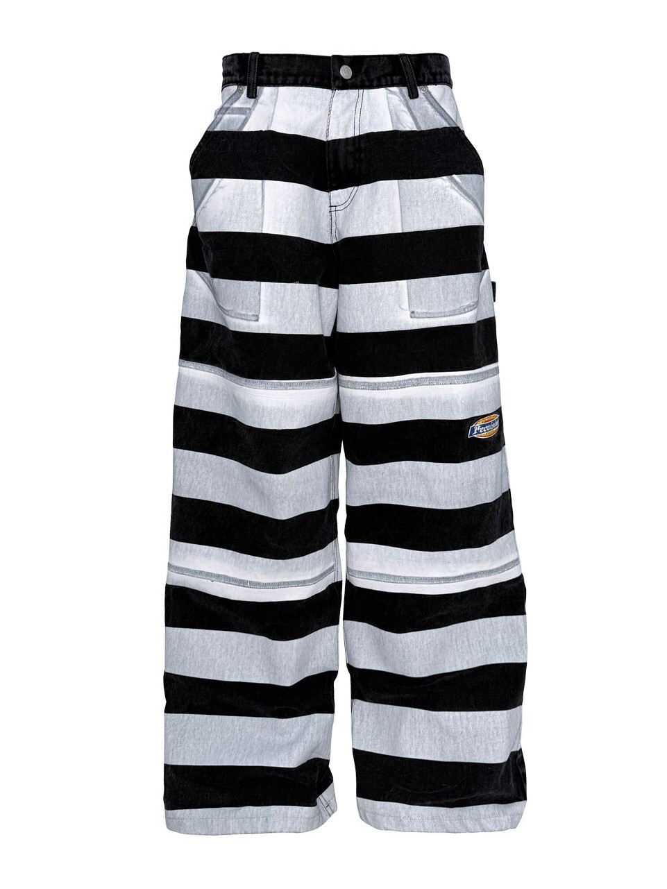PCCVISION 3MAN0NCO 黑白條紋印花 寬鬆直筒baggy 工裝褲