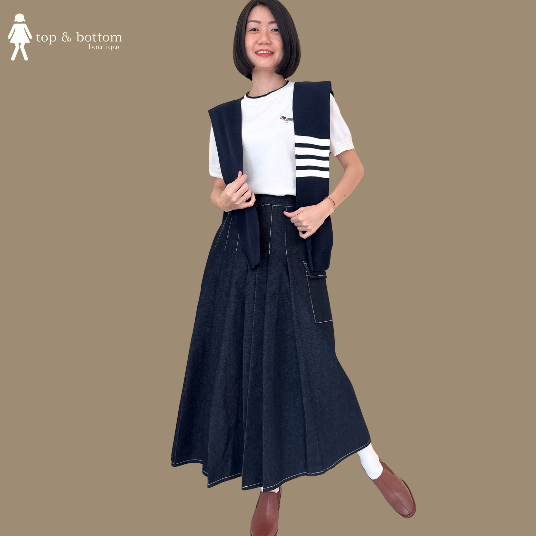 DENIM HIGH WAISTED PLEAT DETAILED MIDI SKIRT