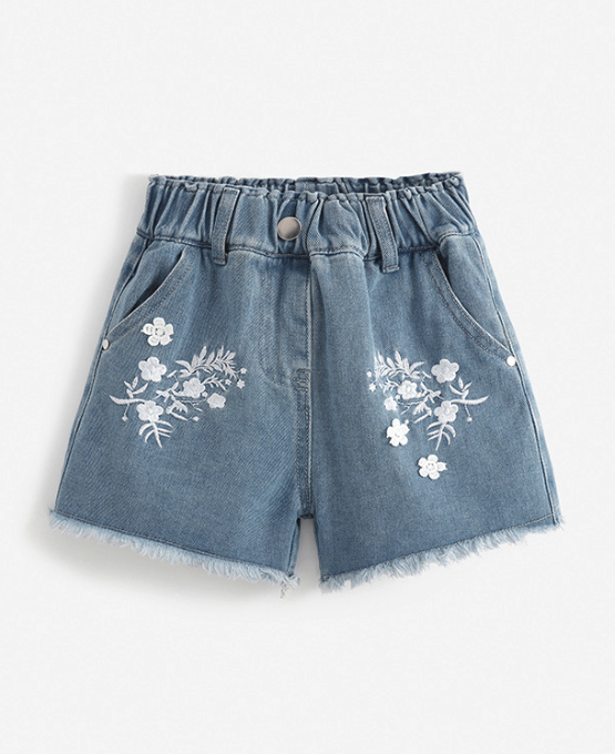 刺繡花卉流蘇牛仔短褲(100-150)
