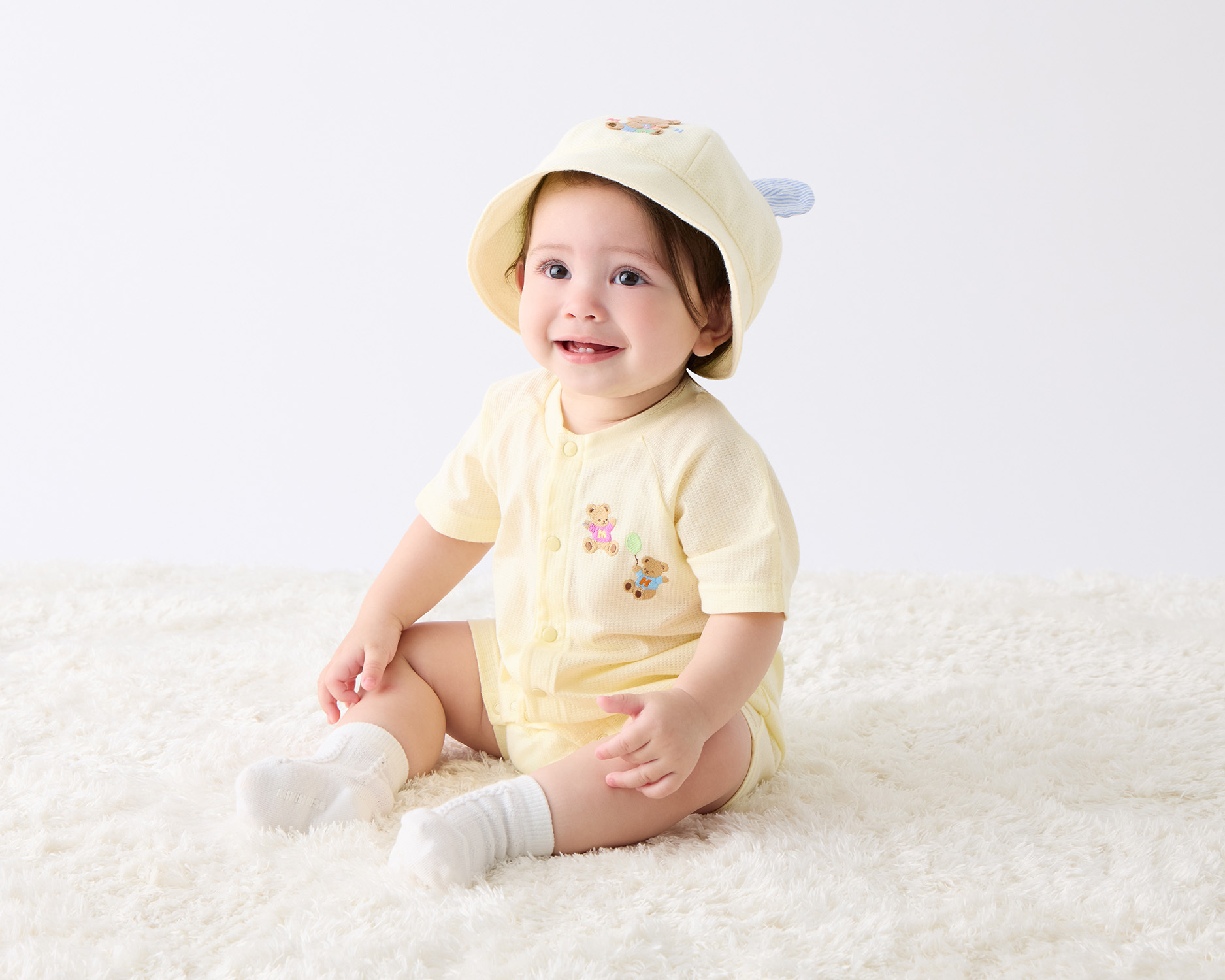 MIKI HOUSE BEAR-排釦短袖連身衣-黃色