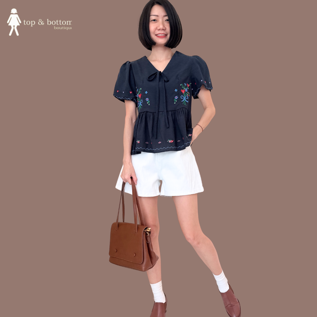 PUFFY SLEEVE BABY DOLL BLOUSE WITH FLORAL EMBROIDERY