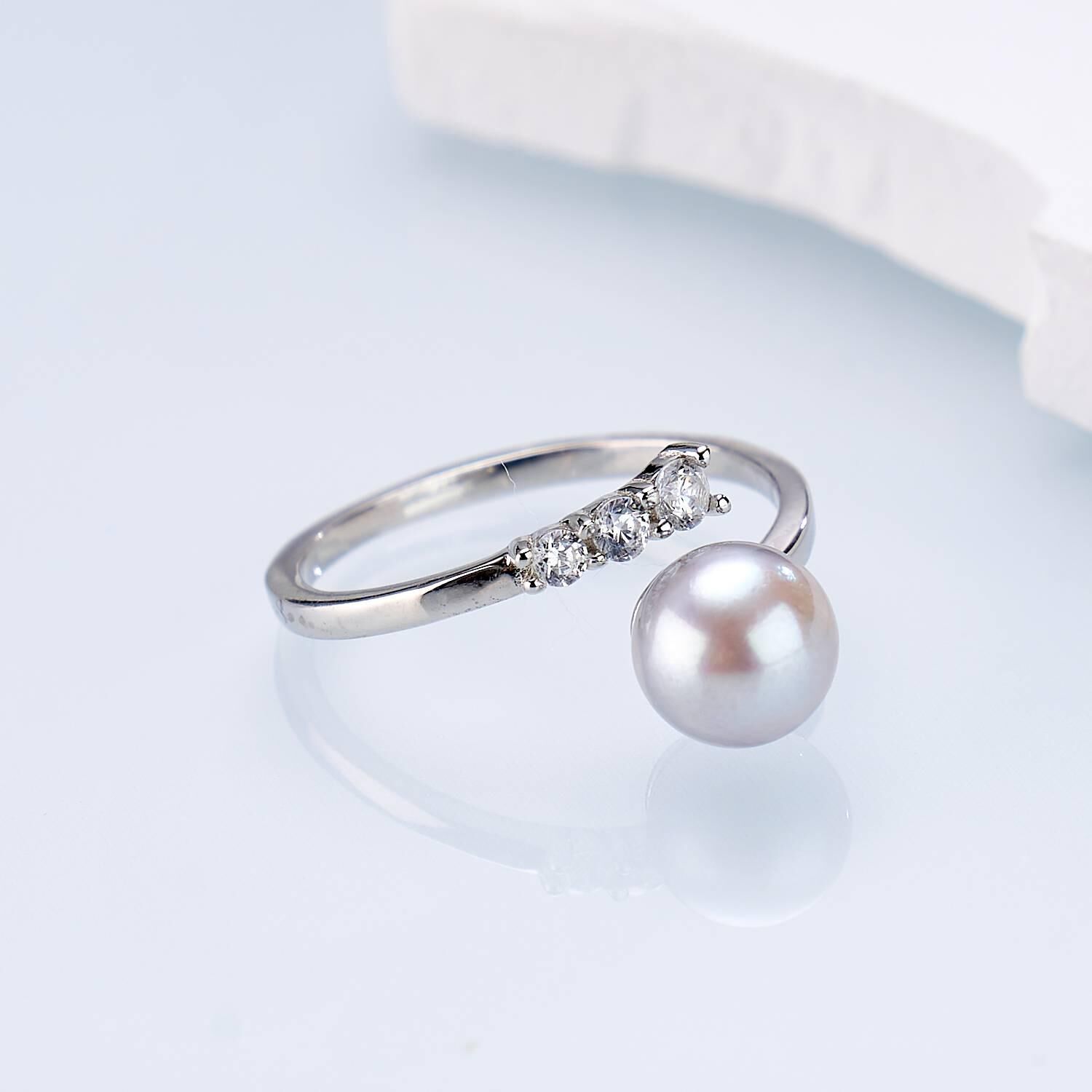 (EC47) 7-8MM天然海水真多麻珍珠三鑽戒指(S925) - #珍珠 #2004PE