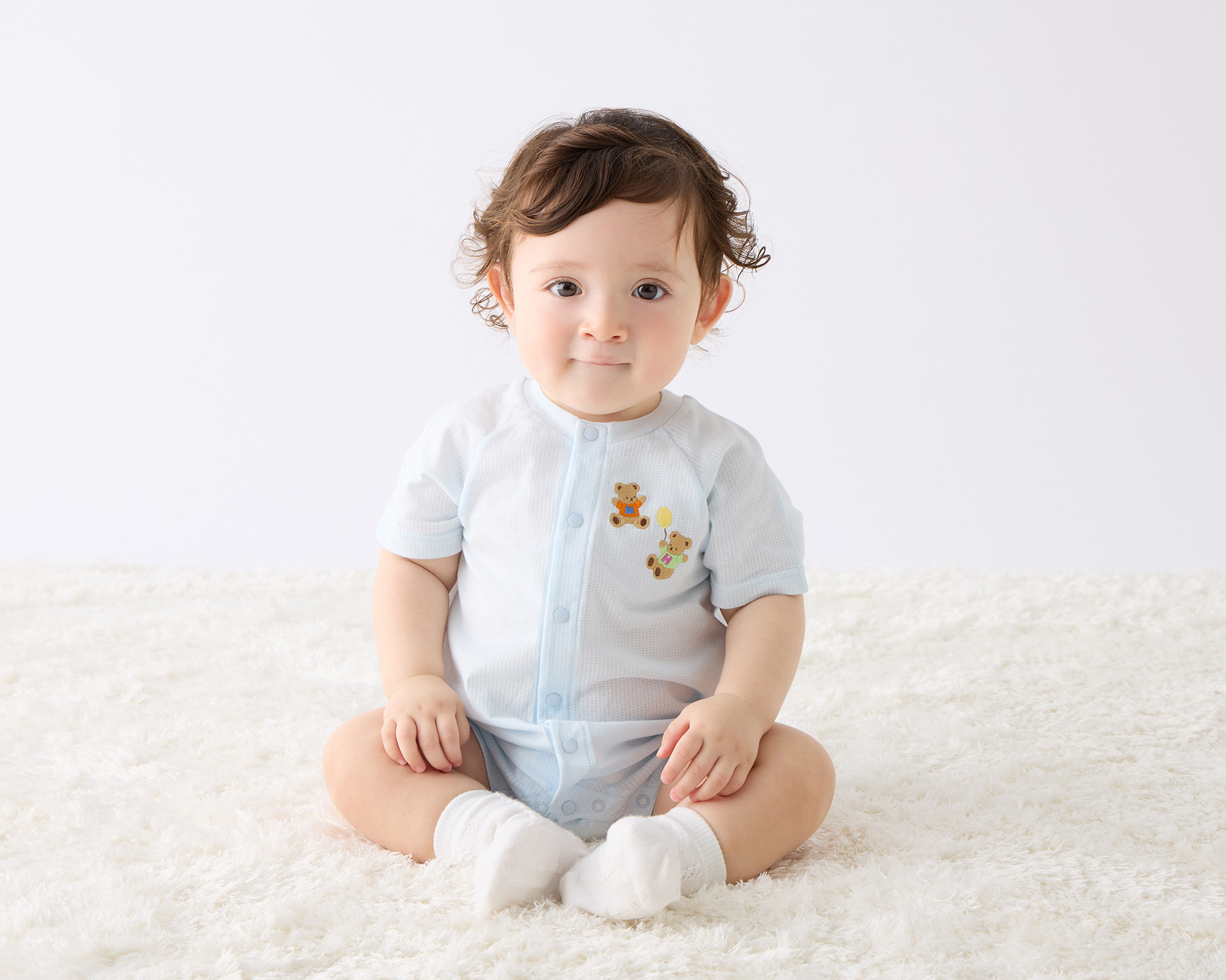 MIKI HOUSE BEAR-排釦短袖連身衣-藍色