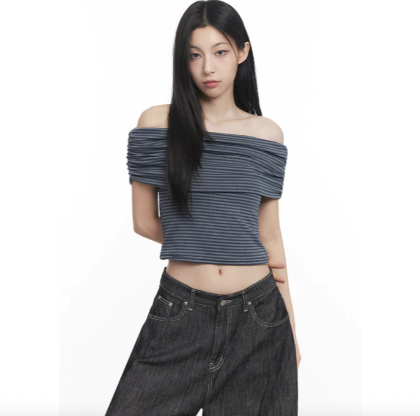 韓國🇰🇷 條紋翻領露肩 一字領 短TEE 短袖 女裝