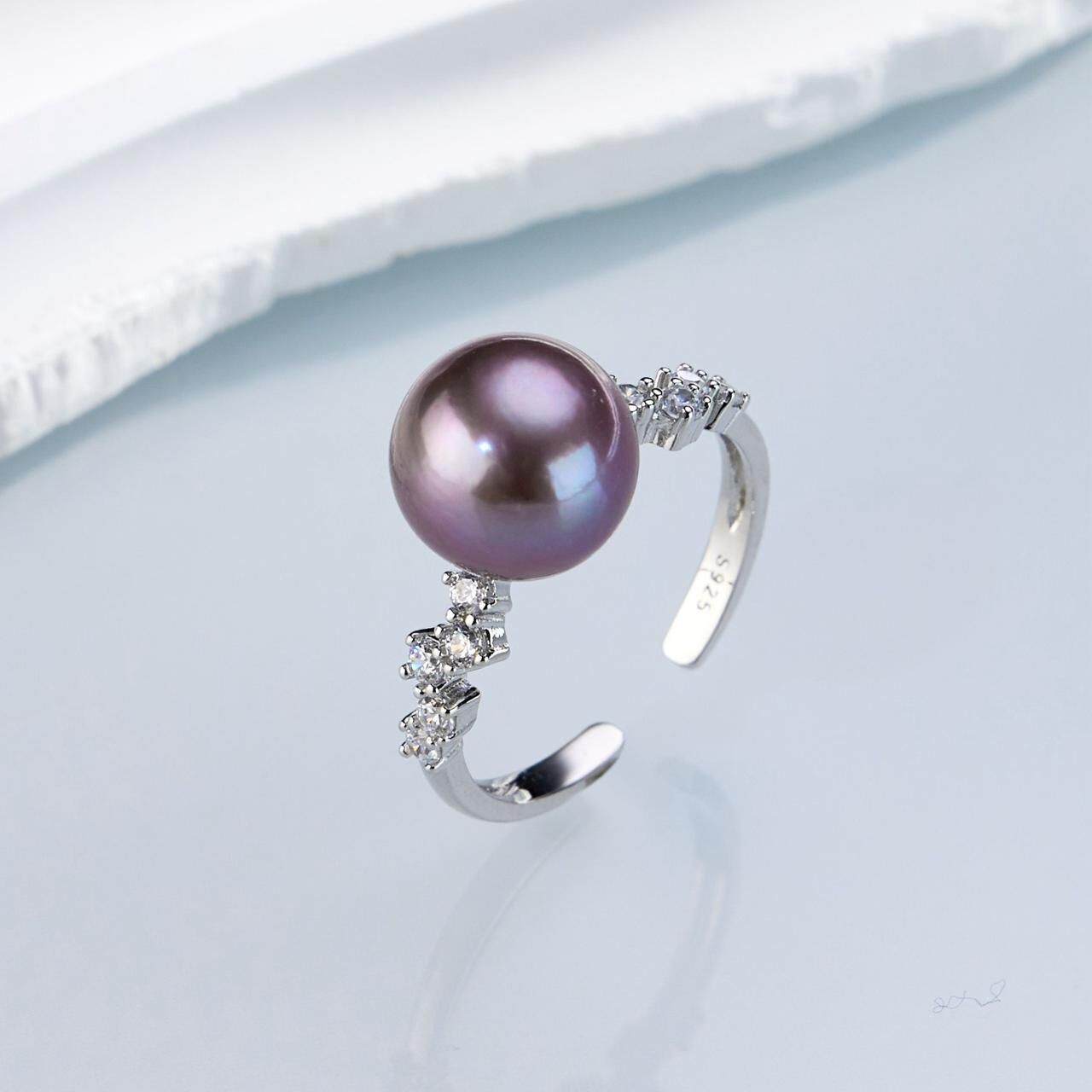 (EC32) 9-10MM天然淡水紫珍珠水鑽戒指(S925) - #珍珠 #2004PE