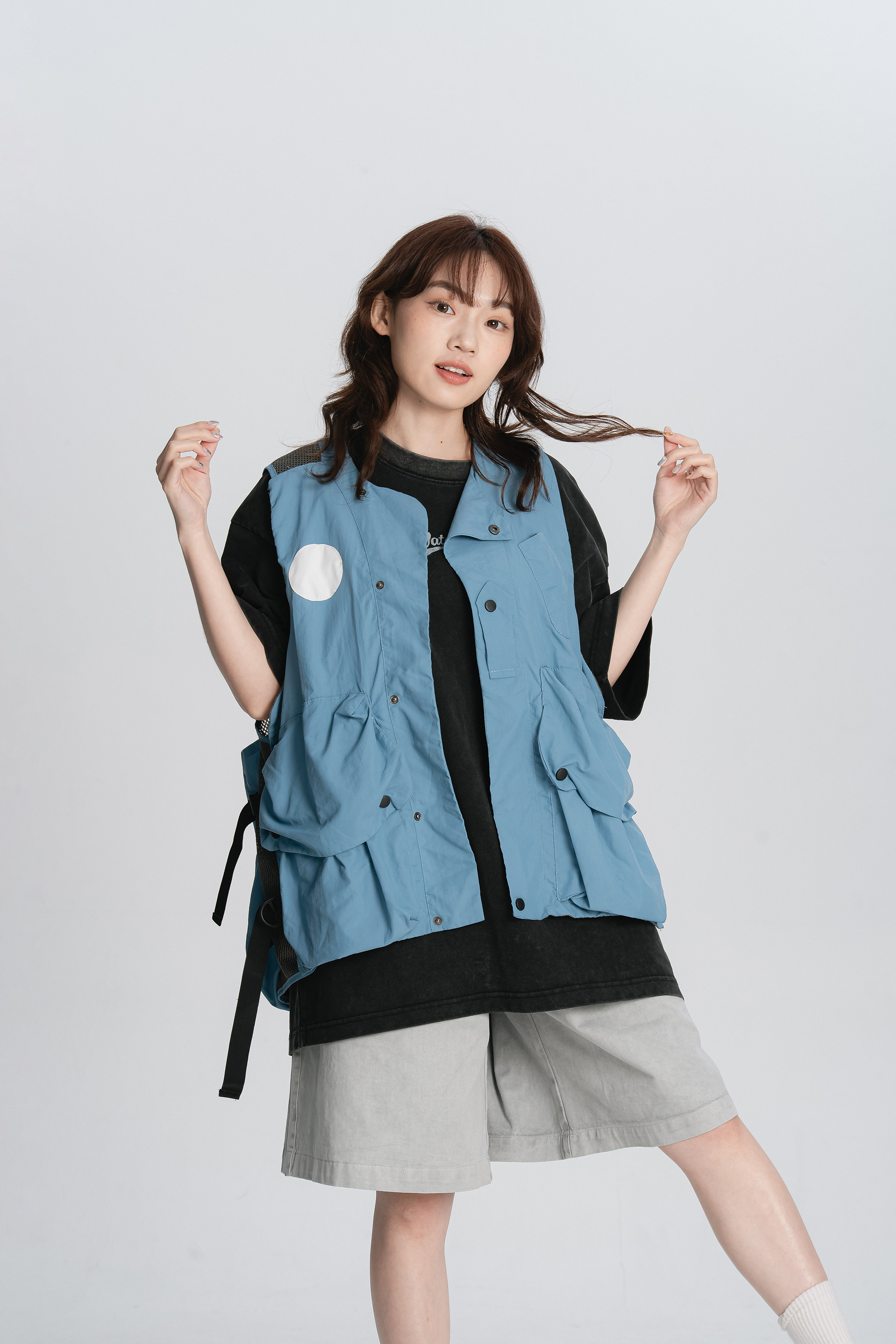 夏日藍工裝壓釦背心