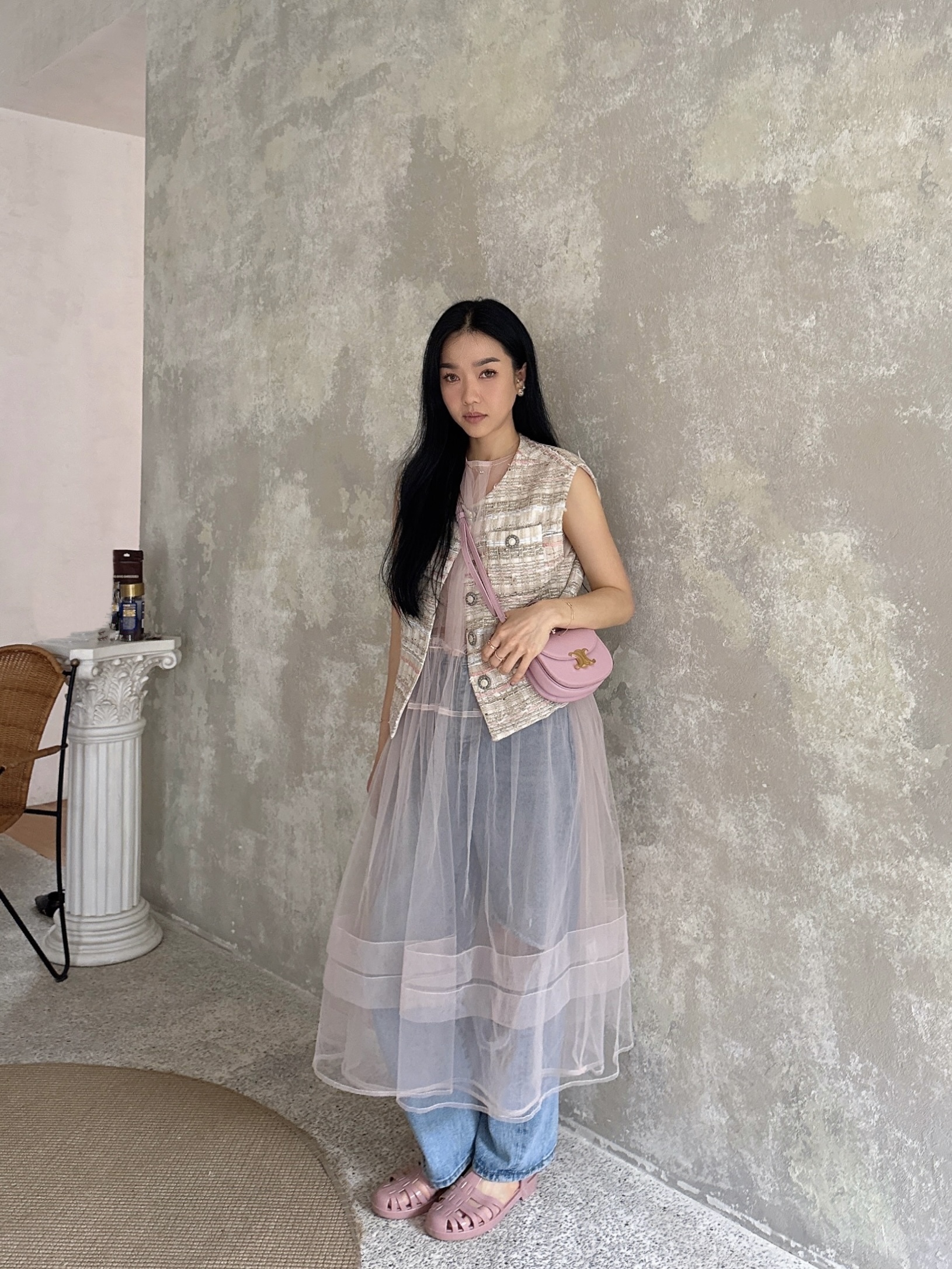 粉彩絲帶tweed背心外套 (預購產品）