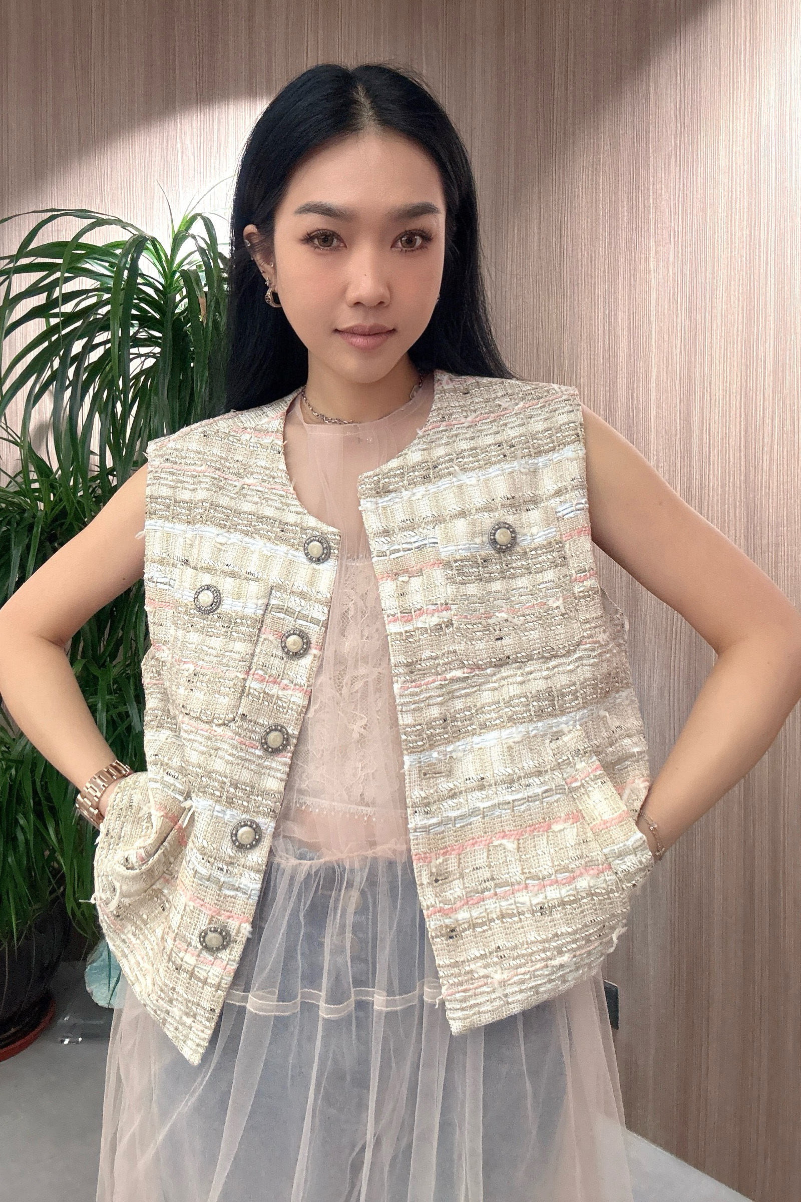 粉彩絲帶tweed背心外套 (預購產品）