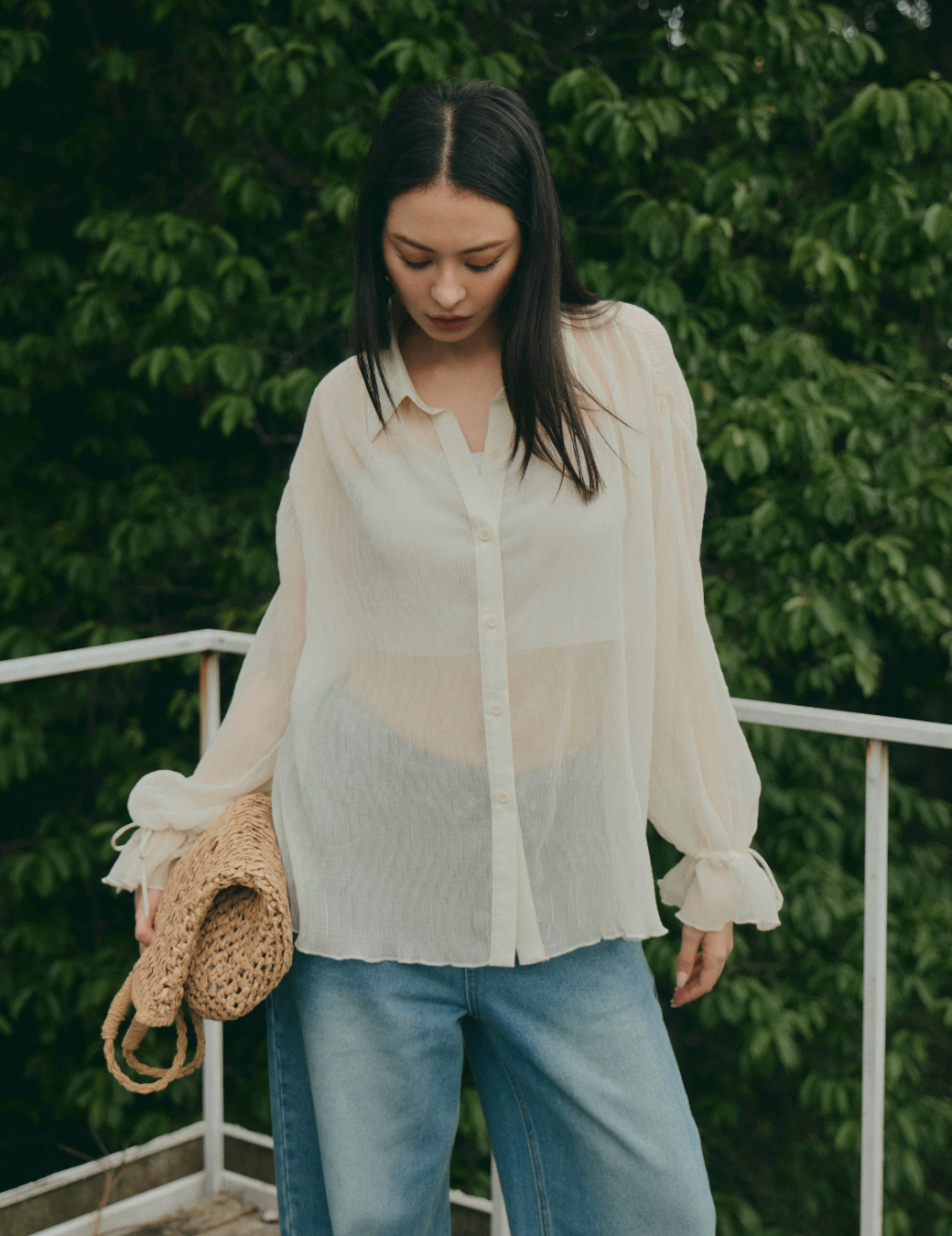 透紗水波紋束口襯衫