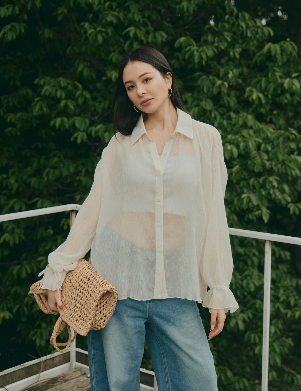 透紗水波紋束口襯衫