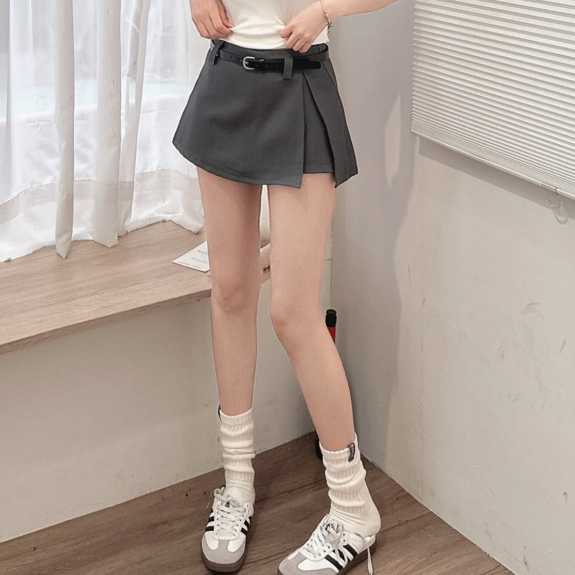 西裝側開衩褲裙(附皮帶)/三色