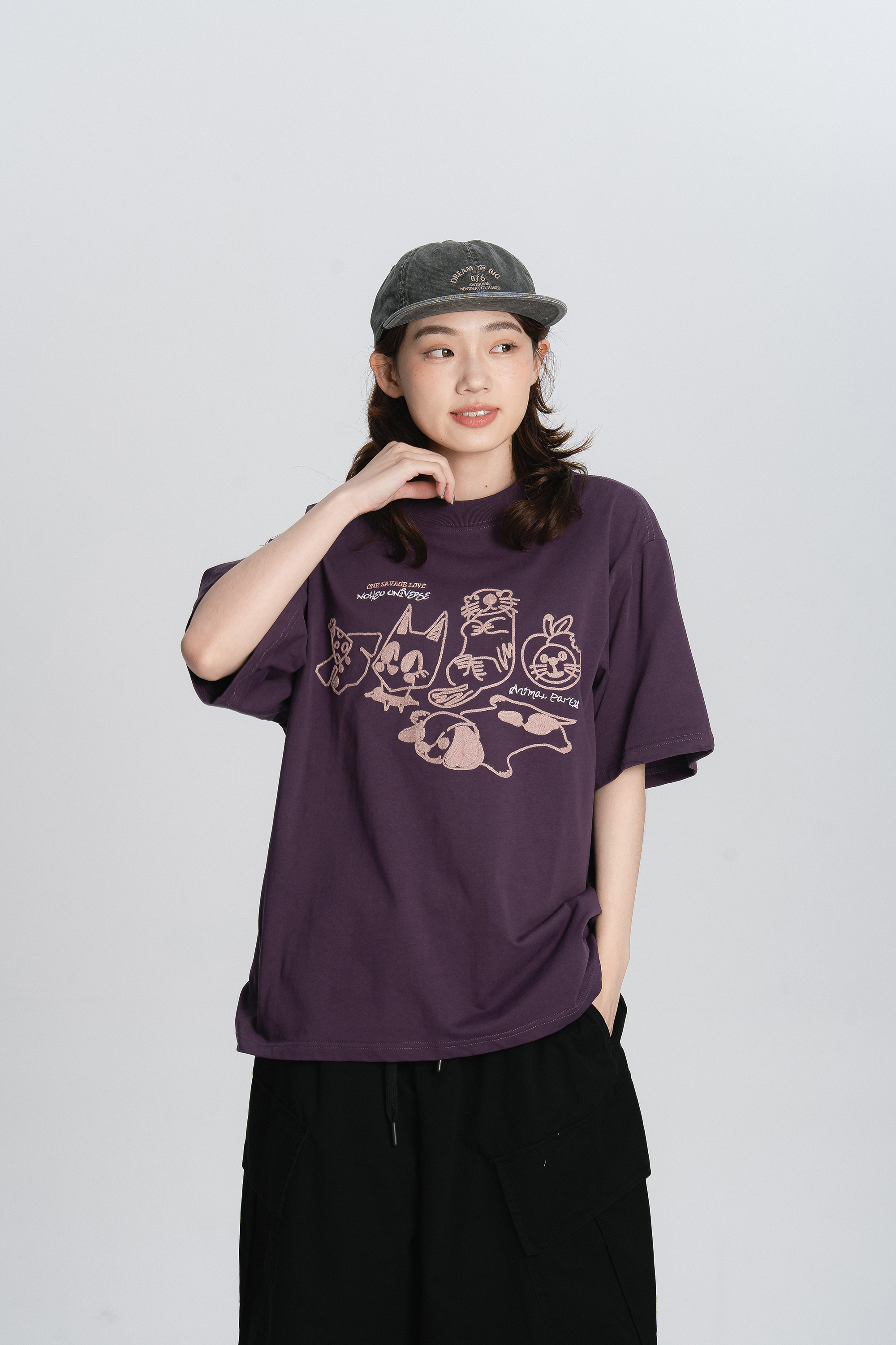 可愛動物毛線刺繡短t 2色