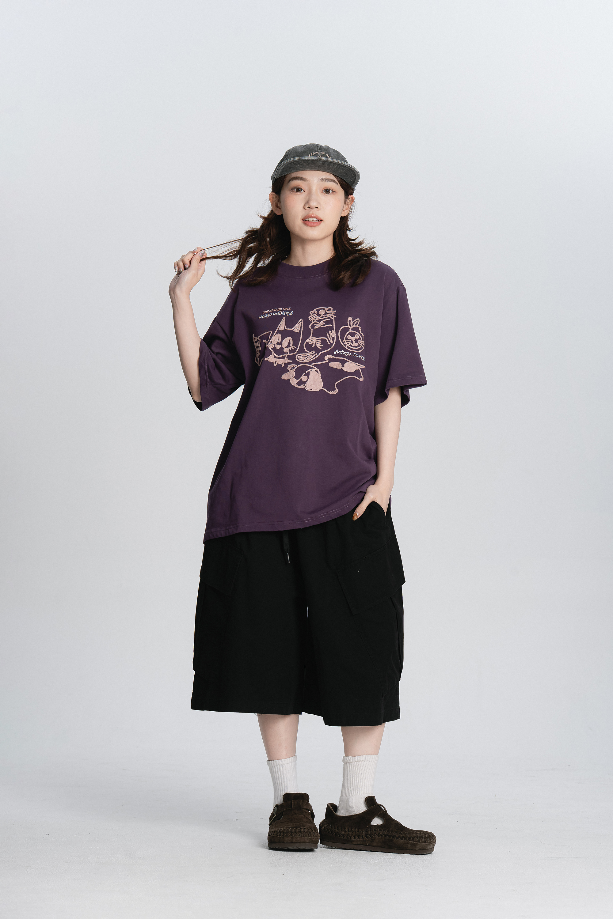 可愛動物毛線刺繡短t 2色