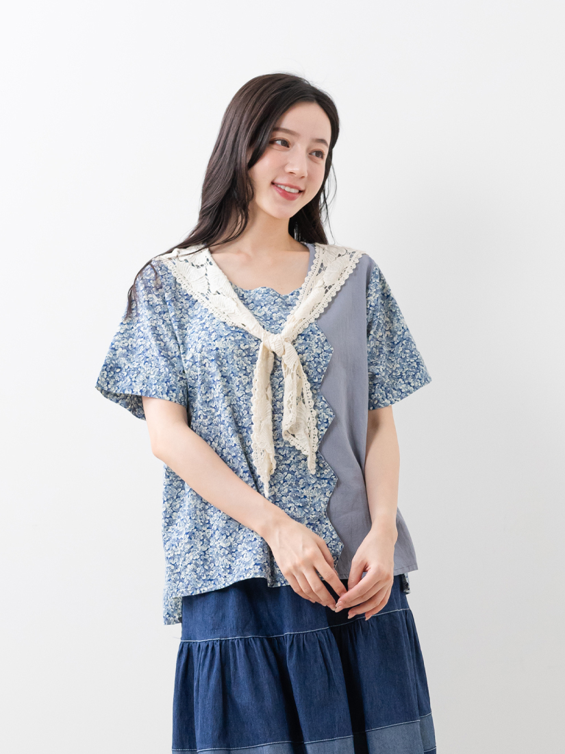 日系自然棉麻拼接短袖上衣