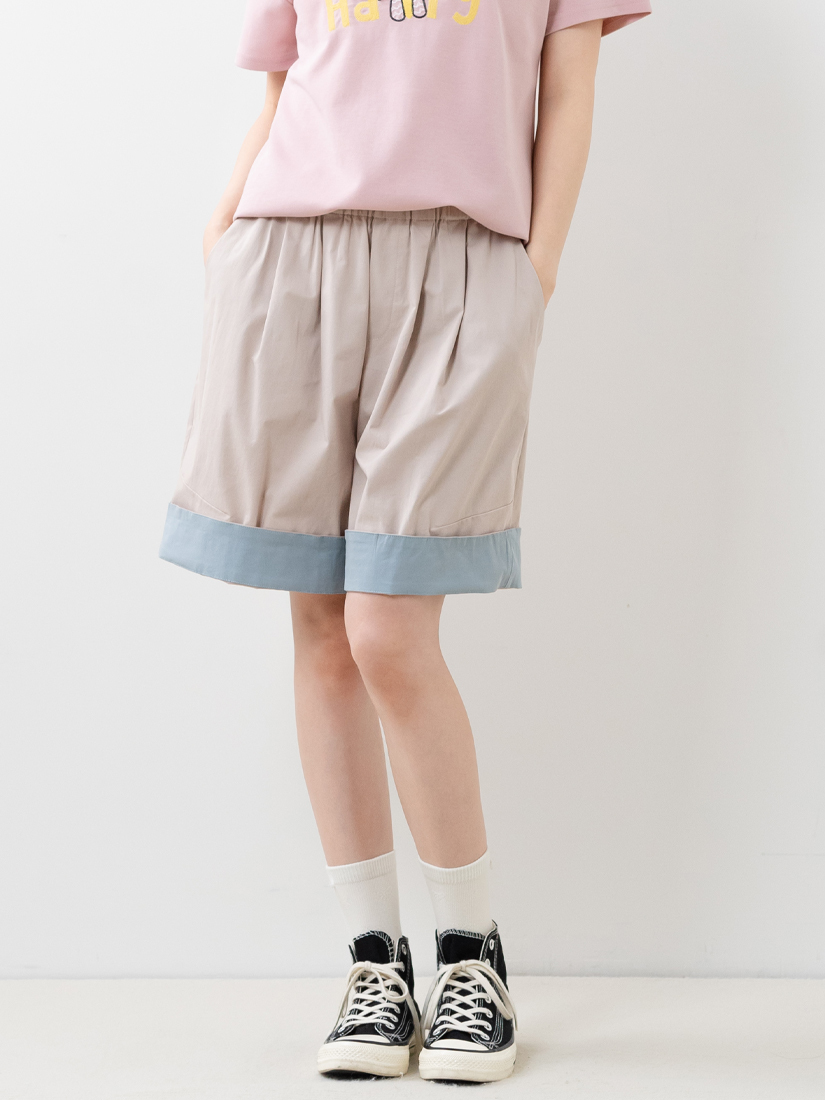 自然打褶配色五分寬口褲