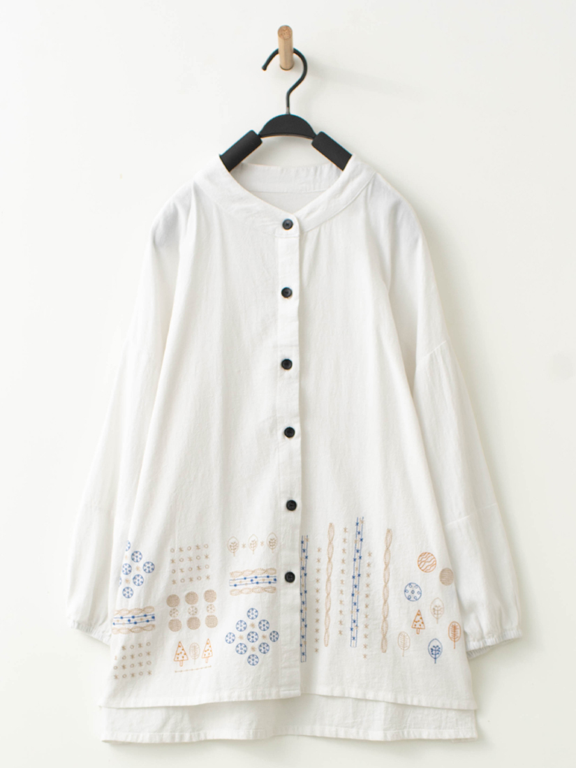 日系繡花小立領棉麻上衣