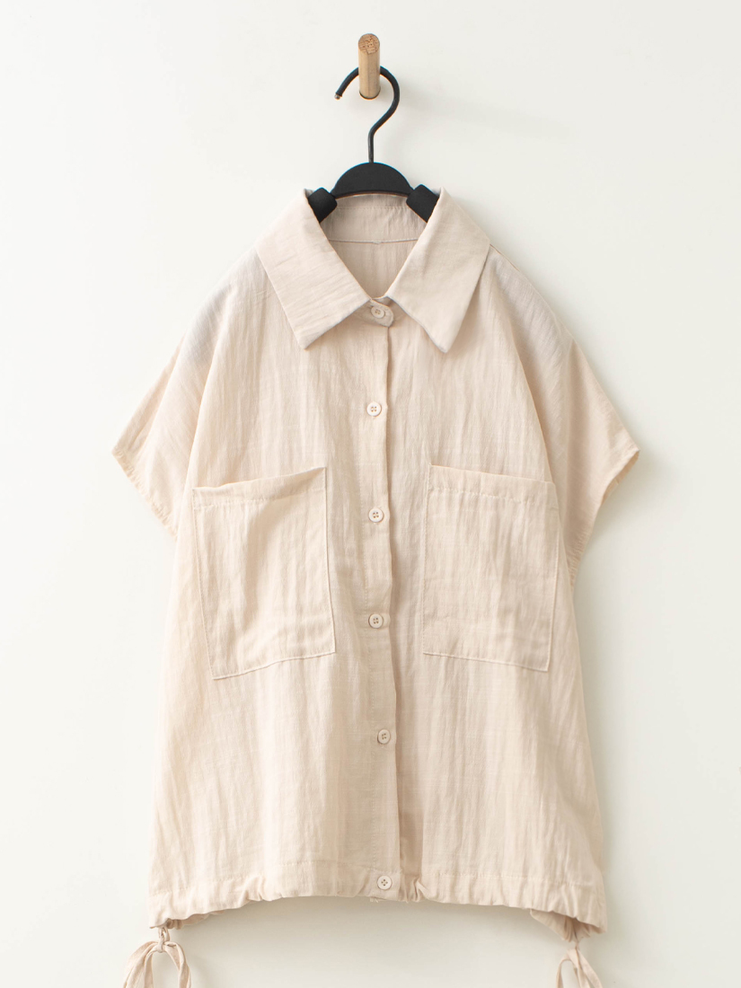 簡約自然棉麻感落肩抽繩上衣