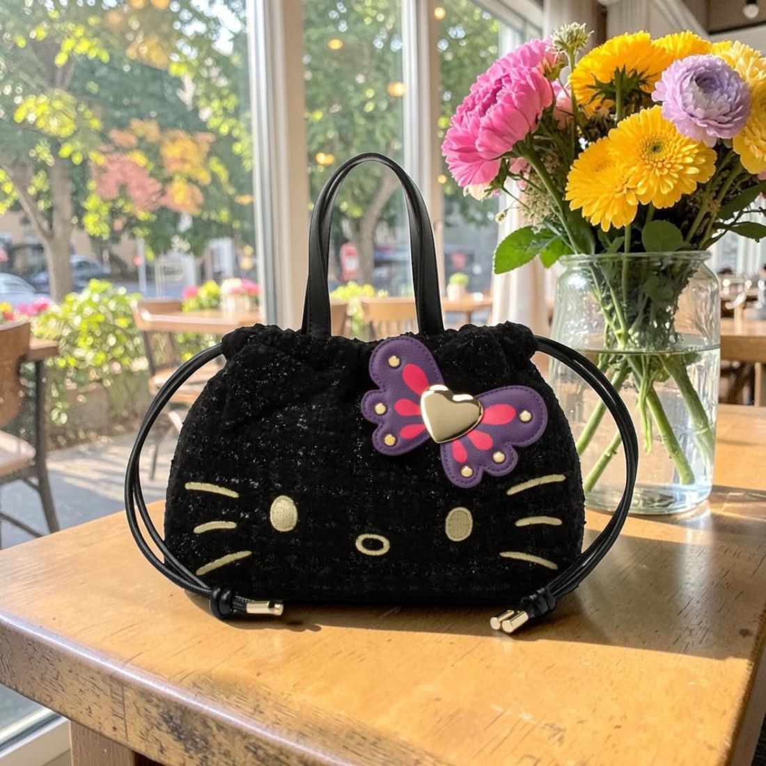 26079-KT Sanrio Hello Kitty x Anna Sui 聯乘黑玫瑰閃魅巾着兩用袋