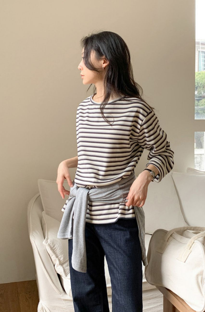 圓領橫間長袖上衣(米白色)