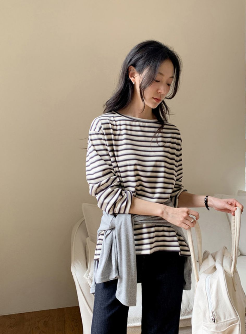 圓領橫間長袖上衣(米白色)