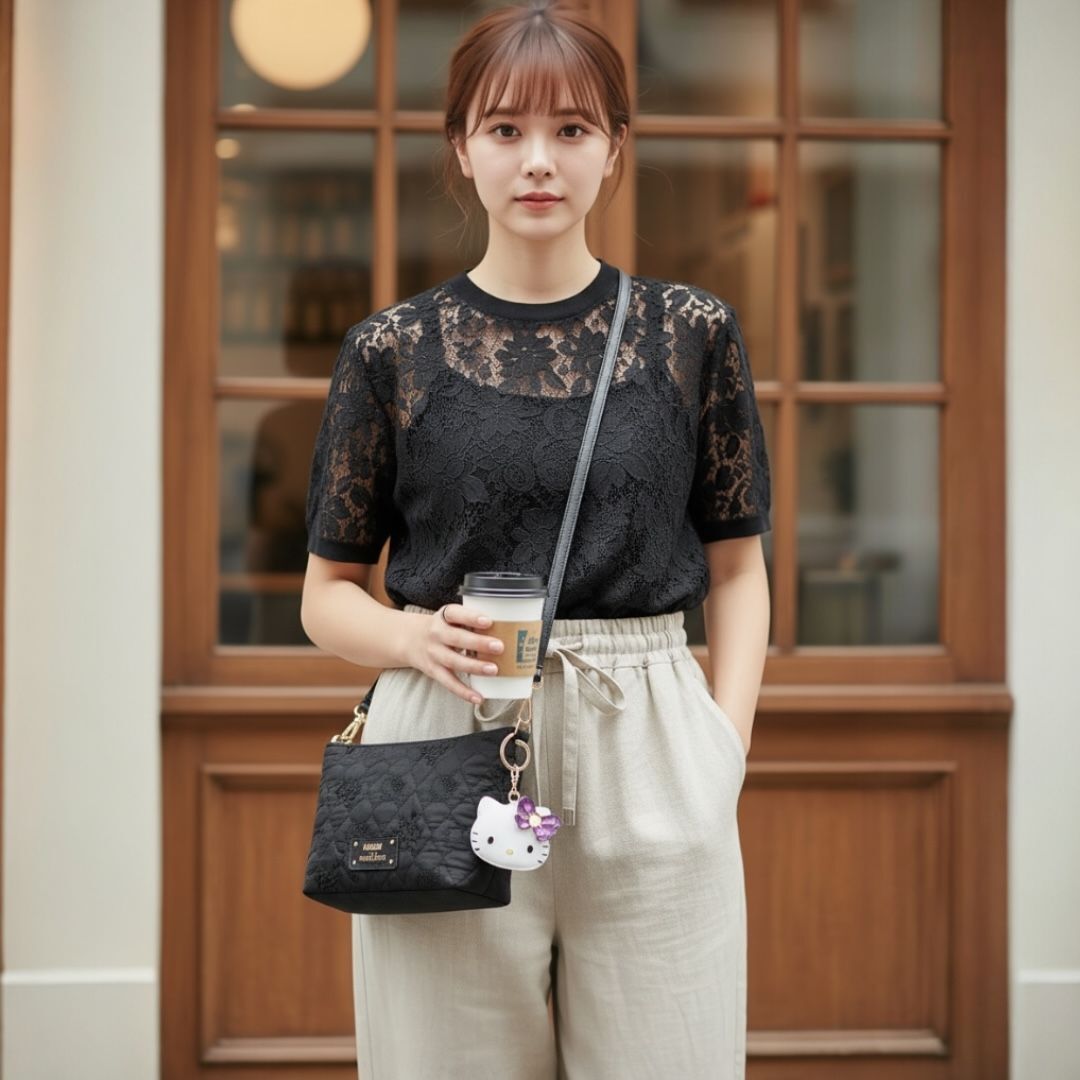 26079-KT Sanrio Hello Kitty x Anna Sui 聯乘黑雅玫瑰斜孭袋