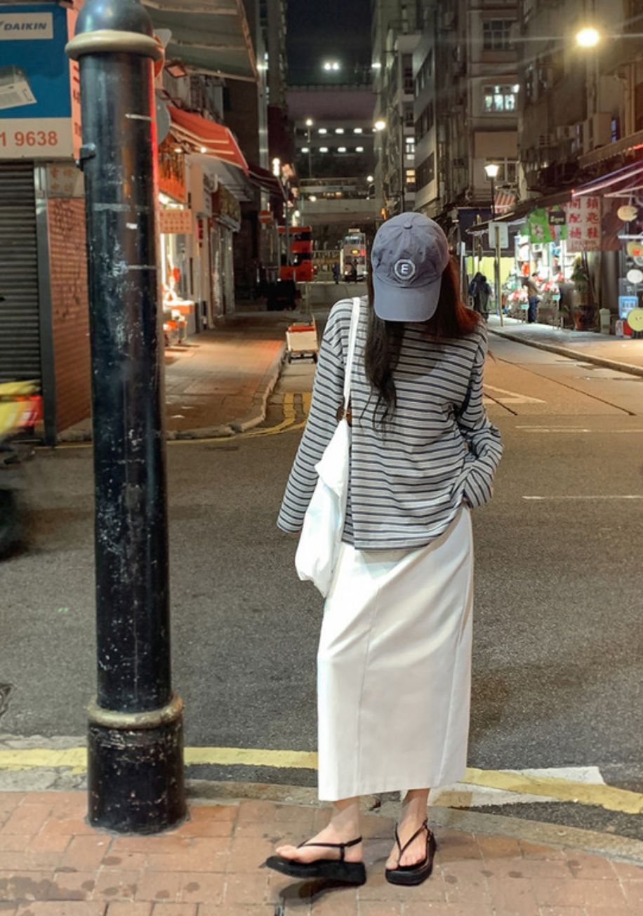 圓領橫間長袖上衣(灰色)