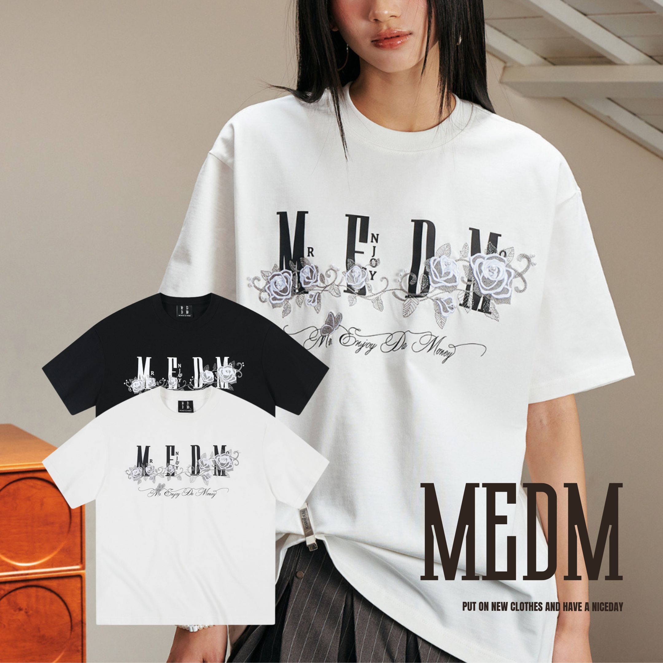NICEDAY 代購 服飾 MEDM 冰凌 玫瑰 刺繡 釘珠 印花 LOGO 黑白 MEDM02157