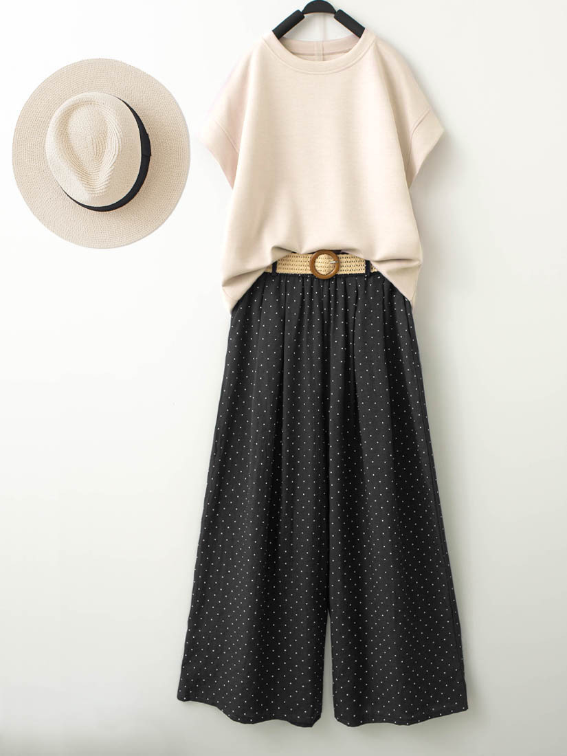 空氣棉連袖上衣棉麻點點印花九分寬褲組合