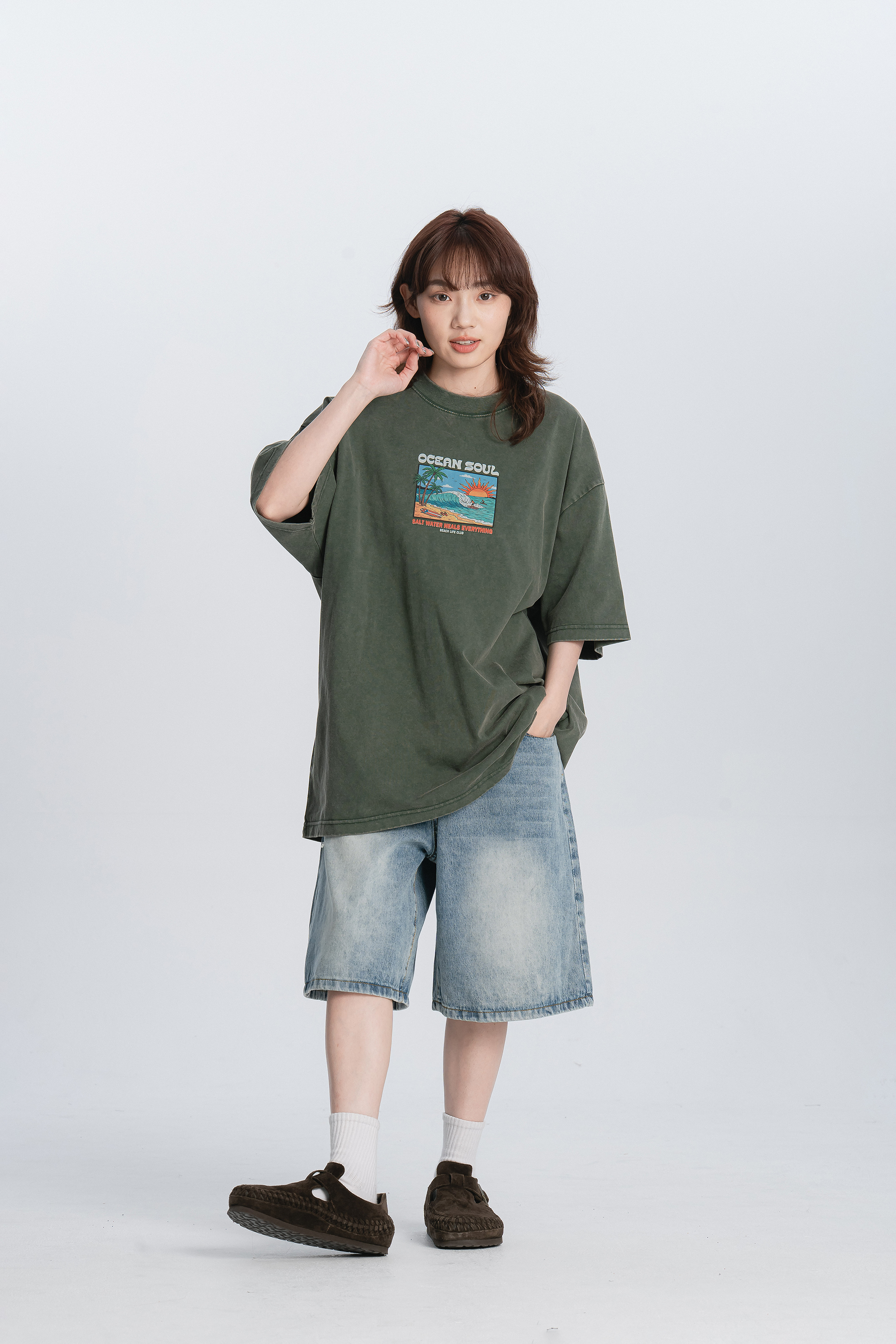 夏日海灘水洗印花t 3色