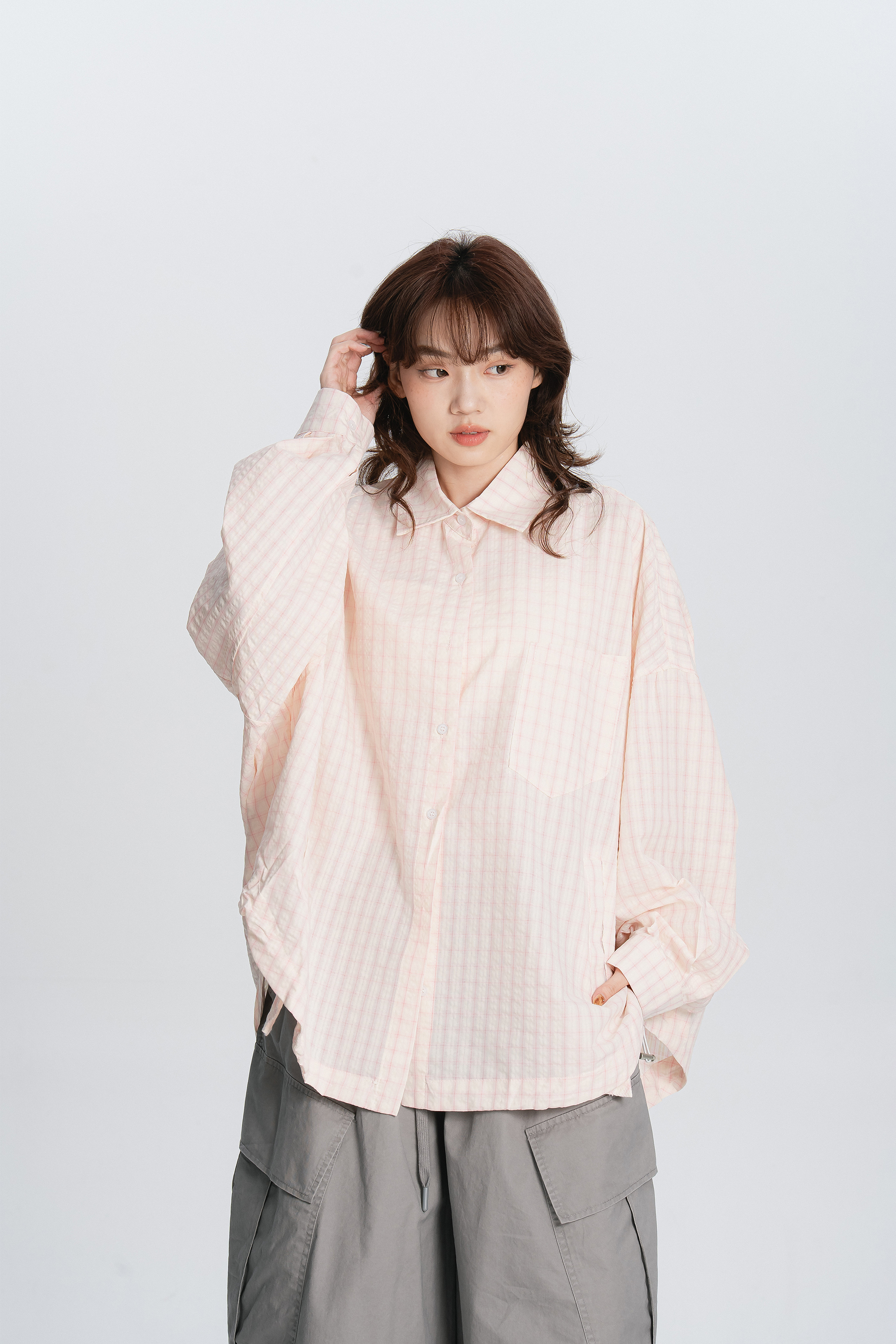 寬鬆格紋縮口長襯 3色