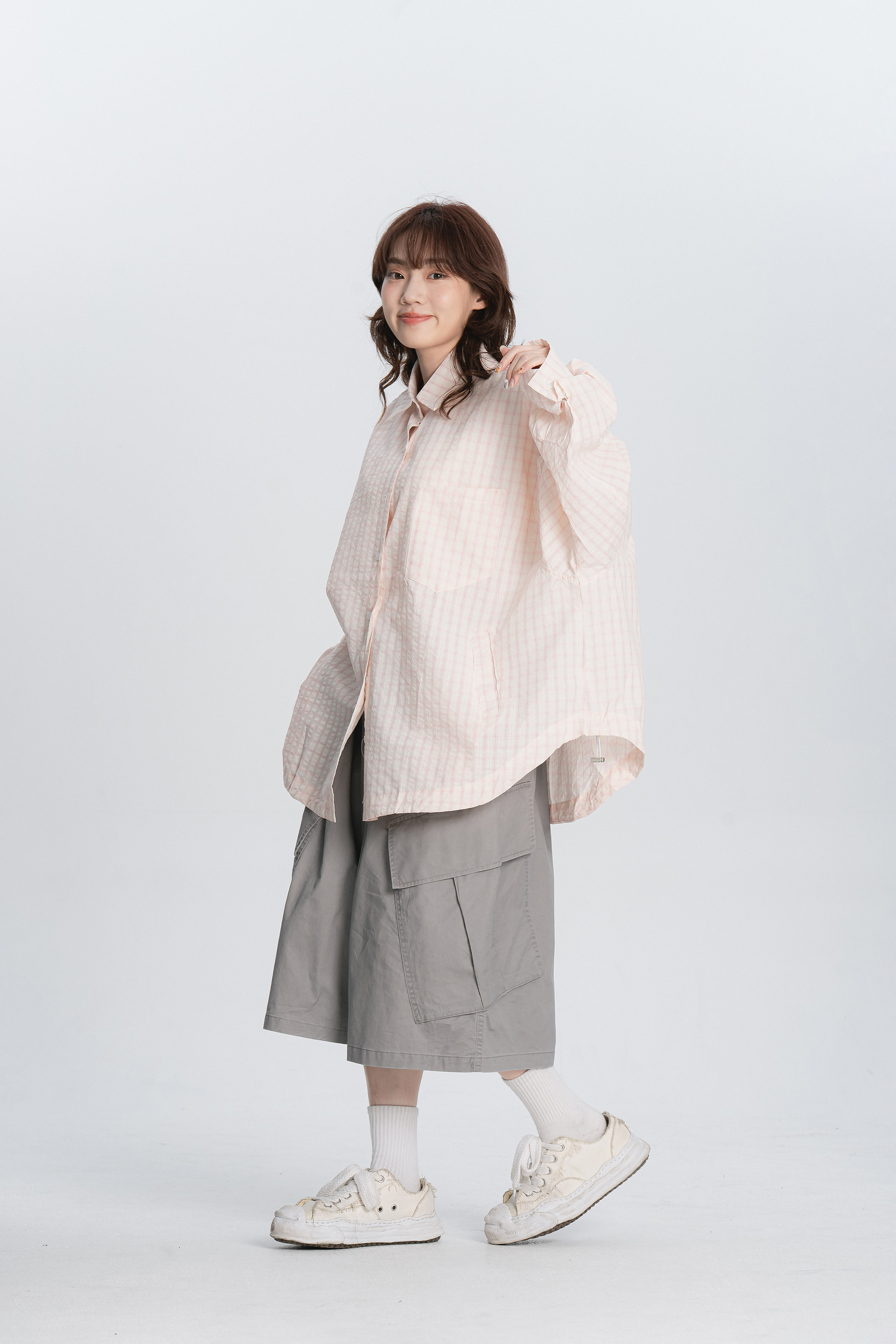 寬鬆格紋縮口長襯 3色