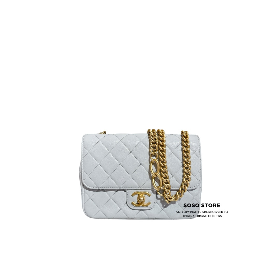 Chanel Rectangular Mini Flap Bag with Oversized Chain - White / GHW