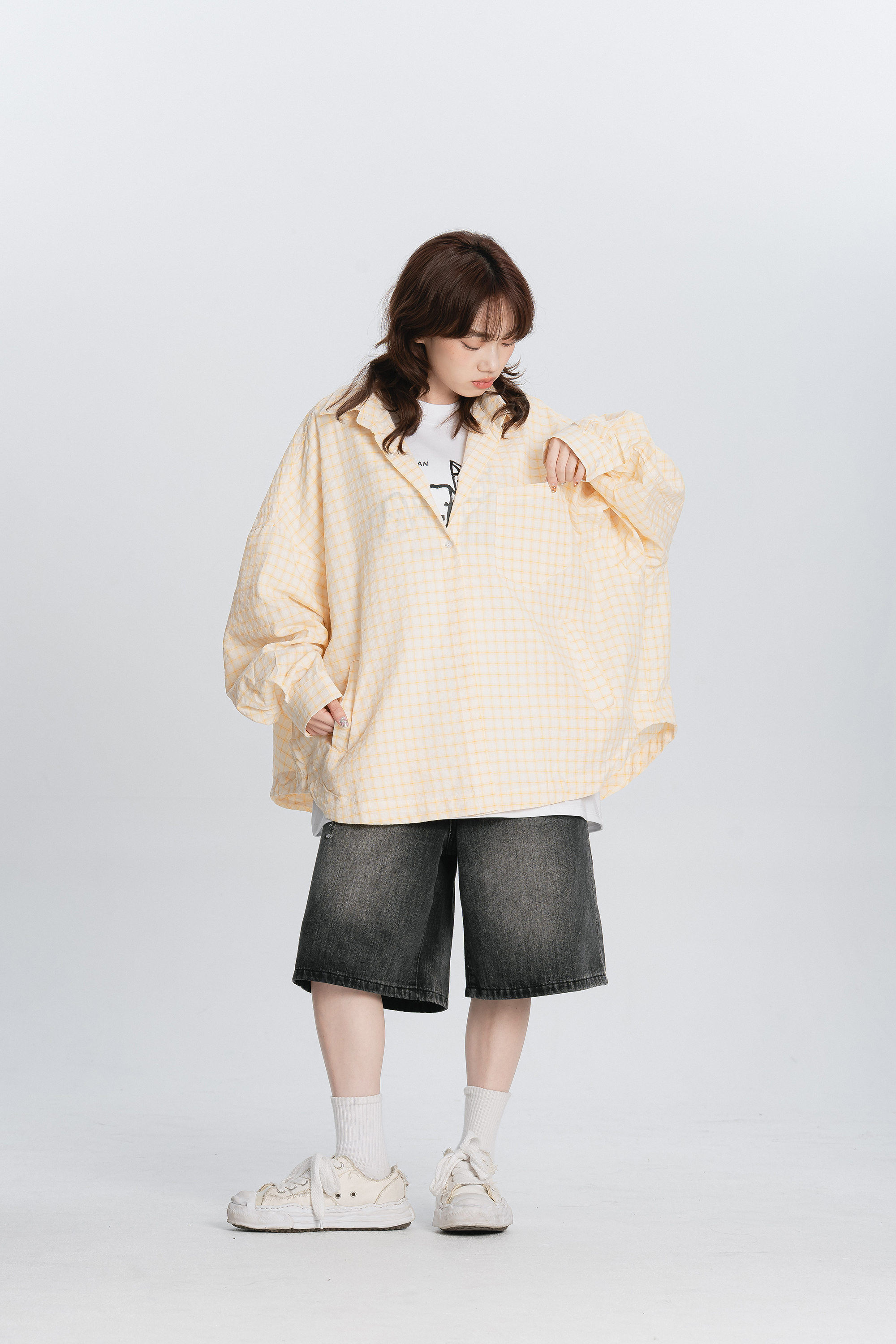 寬鬆格紋縮口長襯 3色