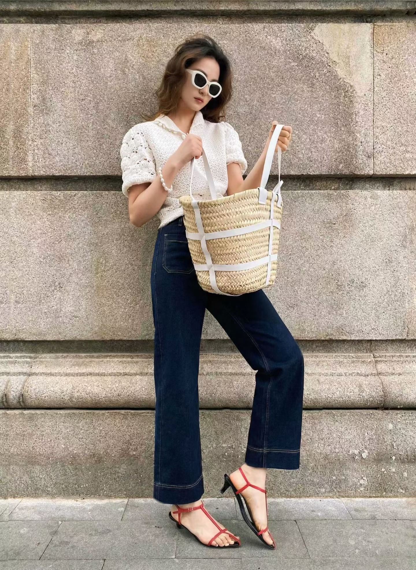 法式配色車線深藍九分直筒牛仔褲-S-3XL (Elegant & Love)