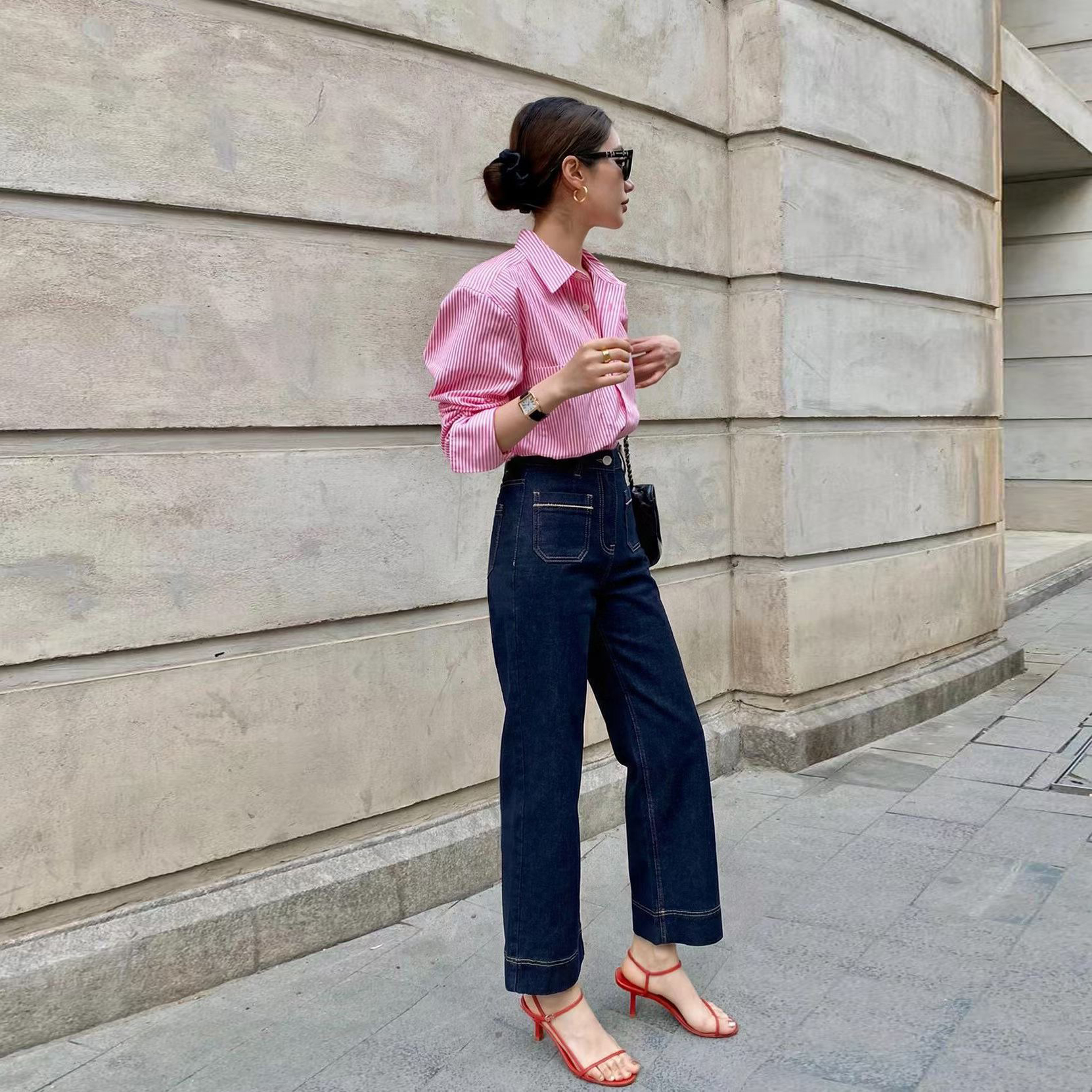 法式配色車線深藍九分直筒牛仔褲-S-3XL (Elegant & Love)