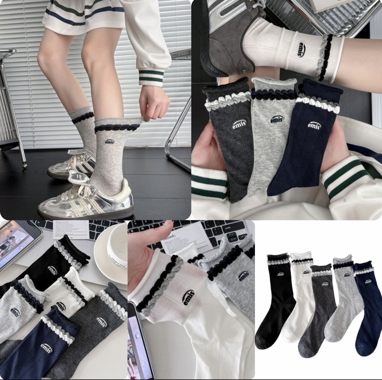 原單Emi*s刺繡字母木耳邊中筒襪（一套五對，每色各一） - 2600227