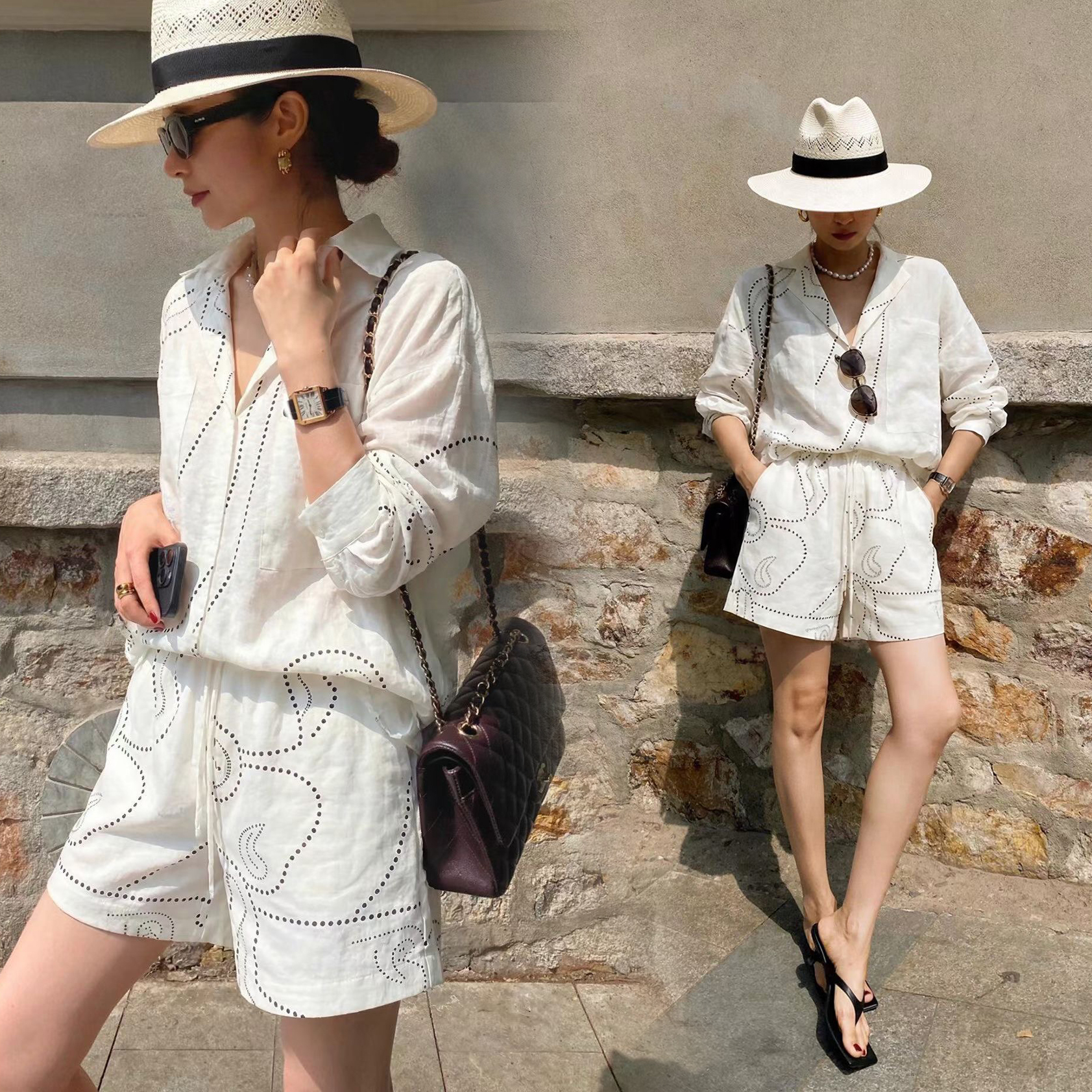 鏤空洞洞蕾絲翻領上衣+短褲SET-S-L / 2色 (Elegant & Love)