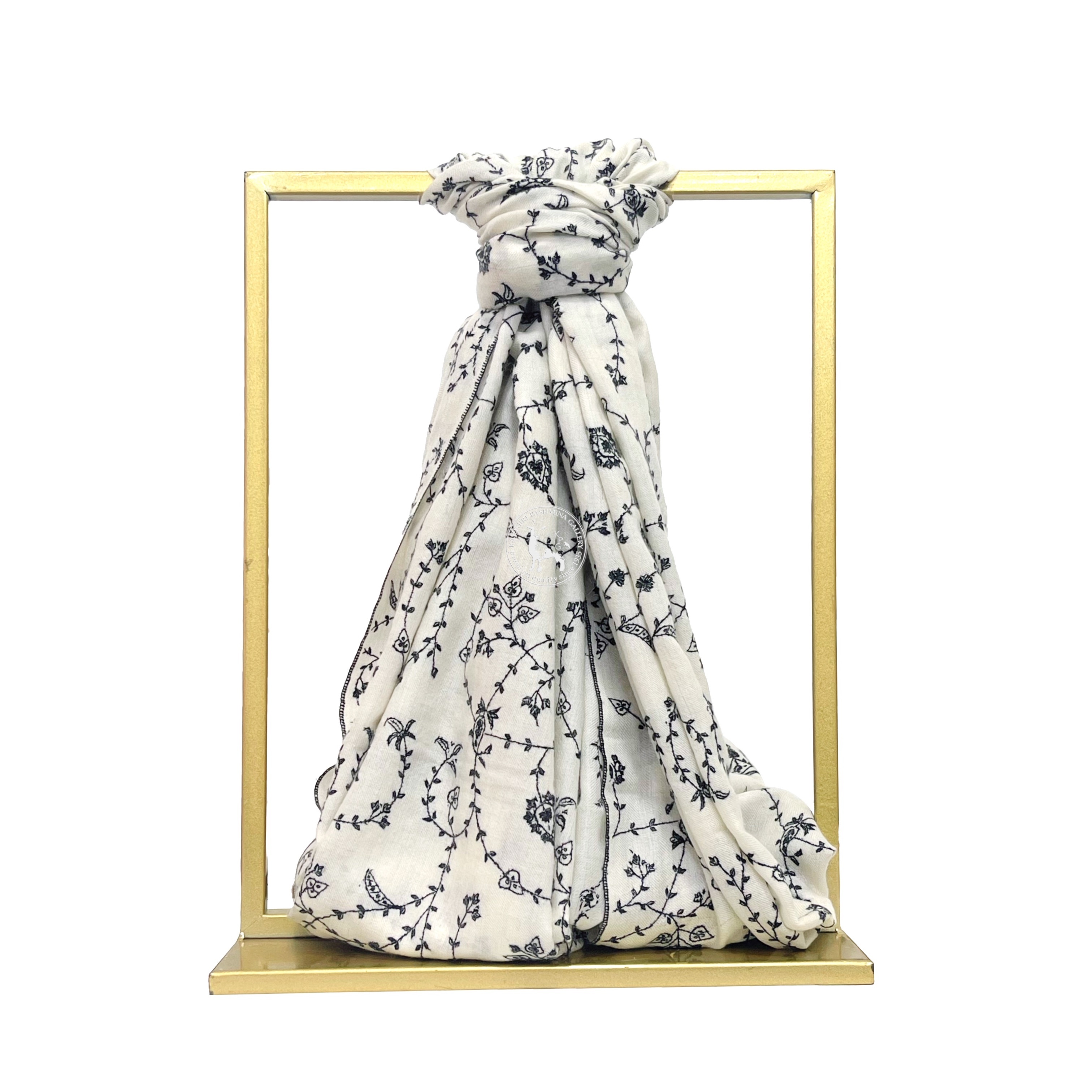 天然米白色刺繡喀什米爾羊絨圍巾披肩