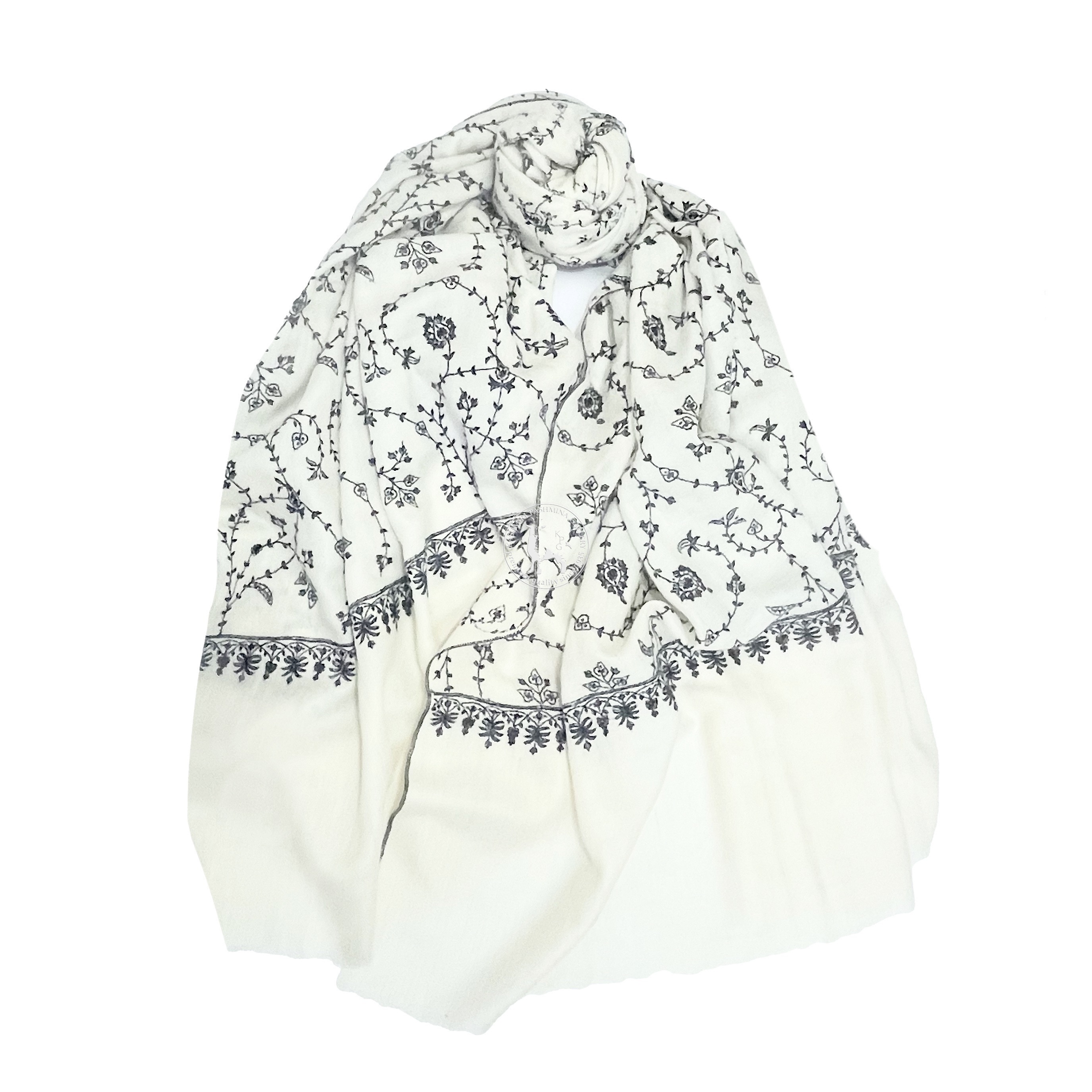 天然米白色刺繡喀什米爾羊絨圍巾披肩