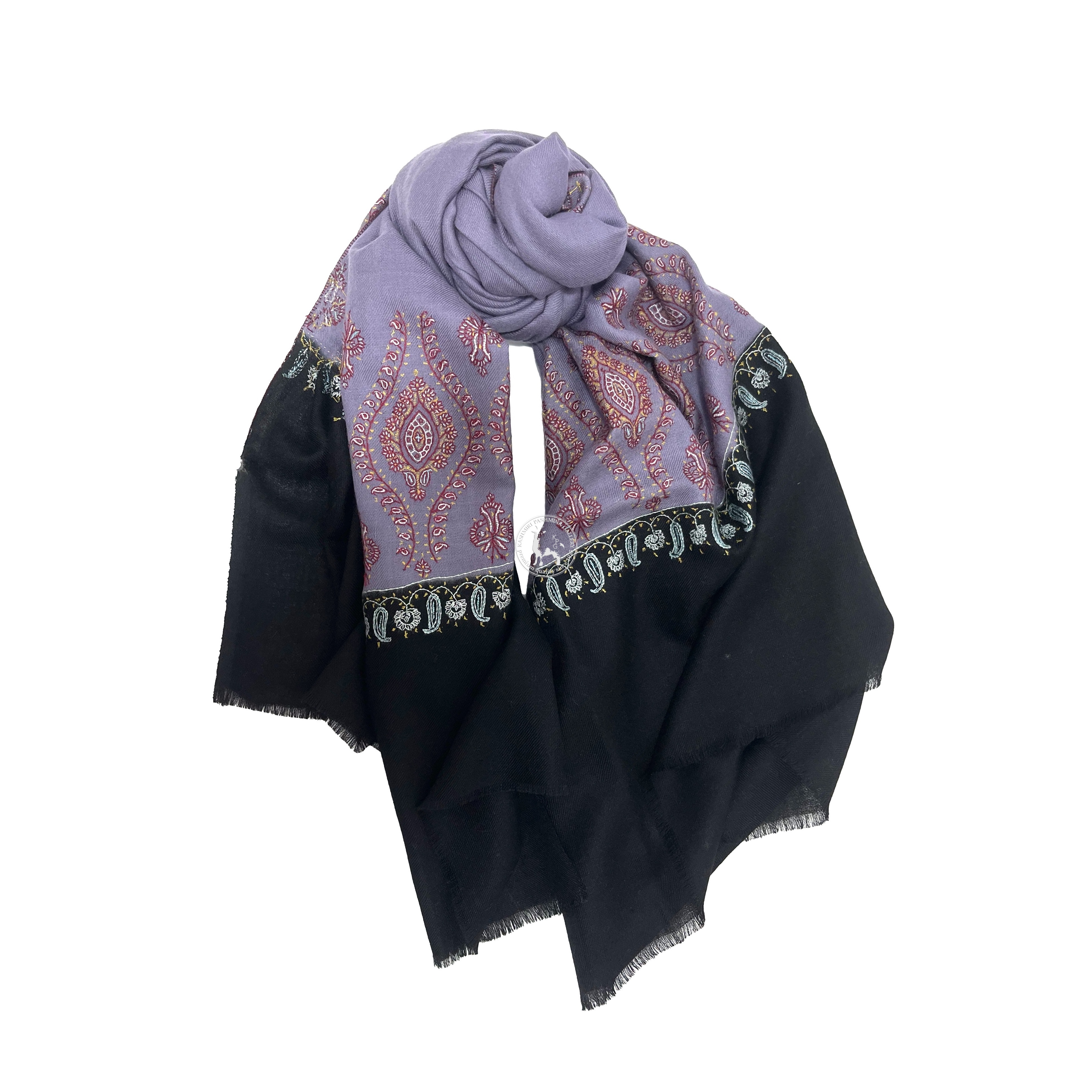 紫黑色索茲尼刺繡羊絨披肩圍巾