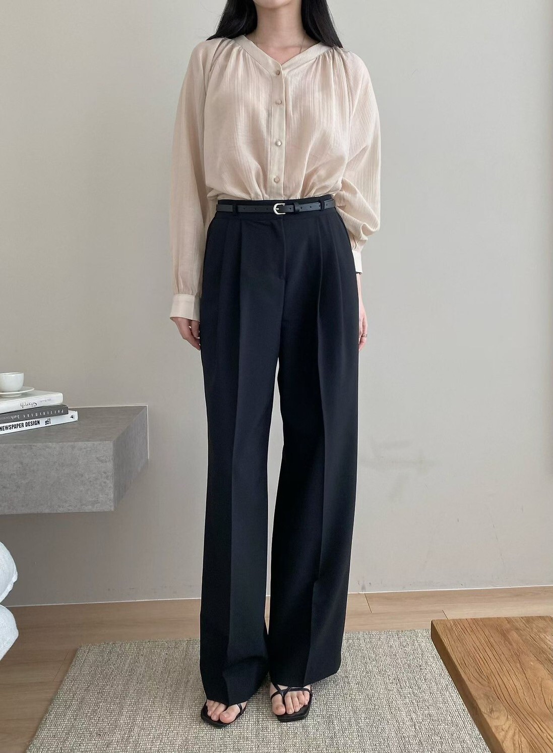 後腰鬆緊長腿壓摺感直筒西裝長褲-F / 3色