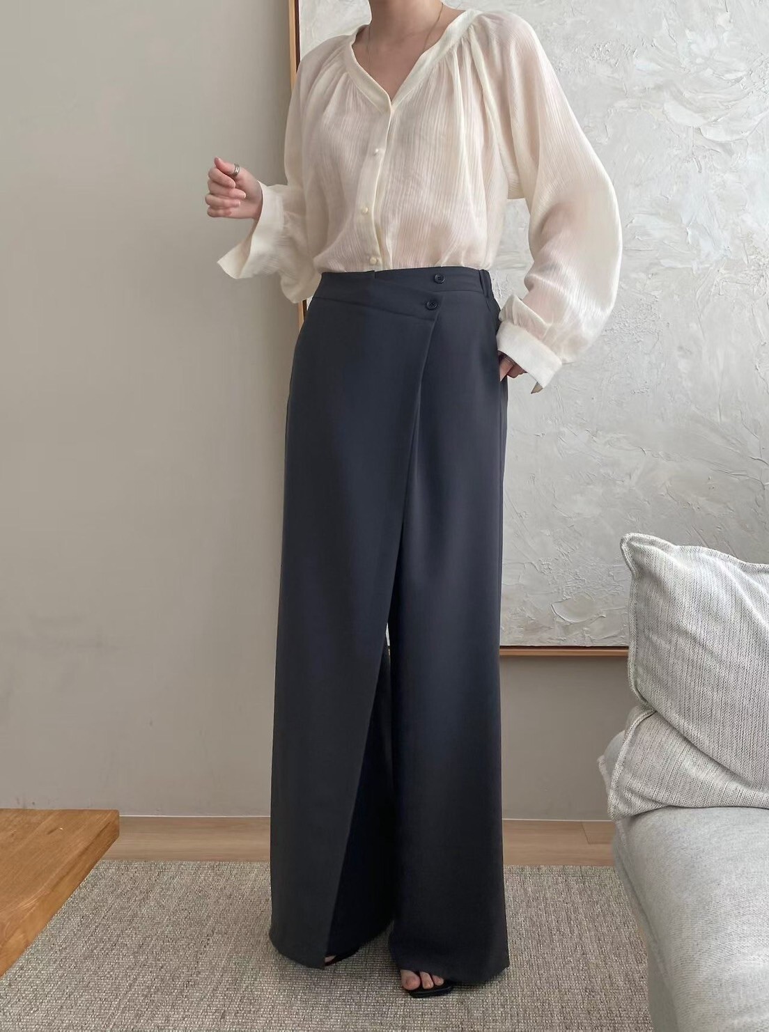 後腰鬆緊斜切單釦一片裙造型西裝褲-F / 3色