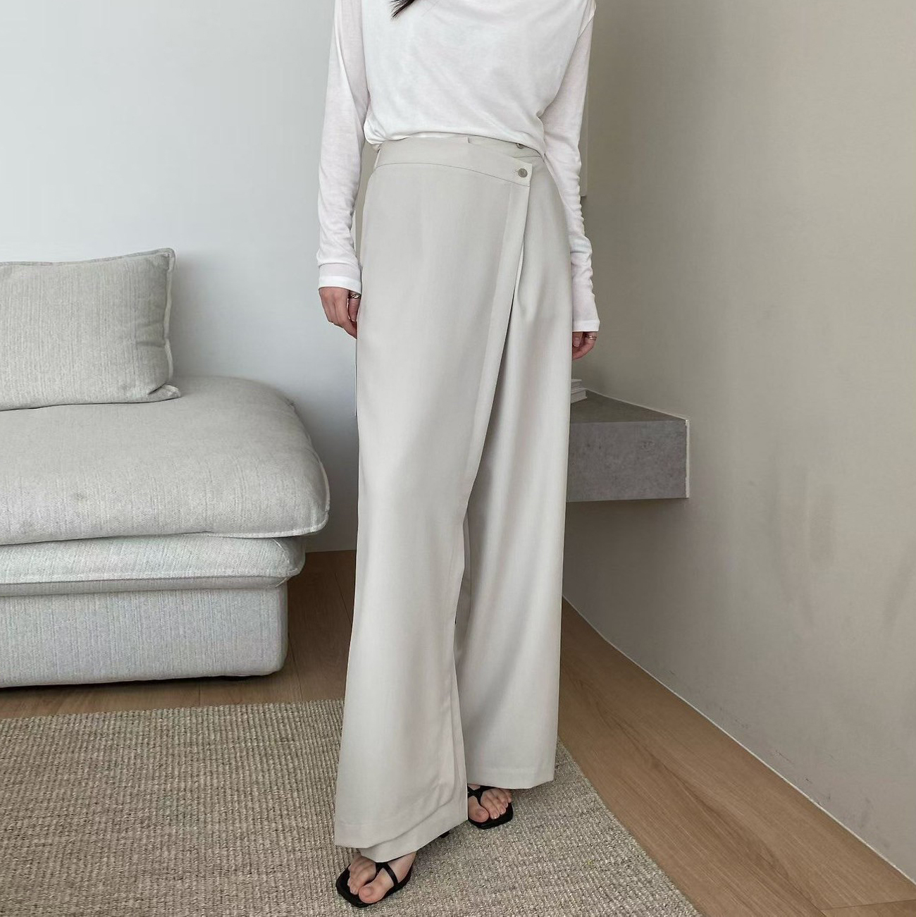 後腰鬆緊斜切單釦一片裙造型西裝褲-F / 3色