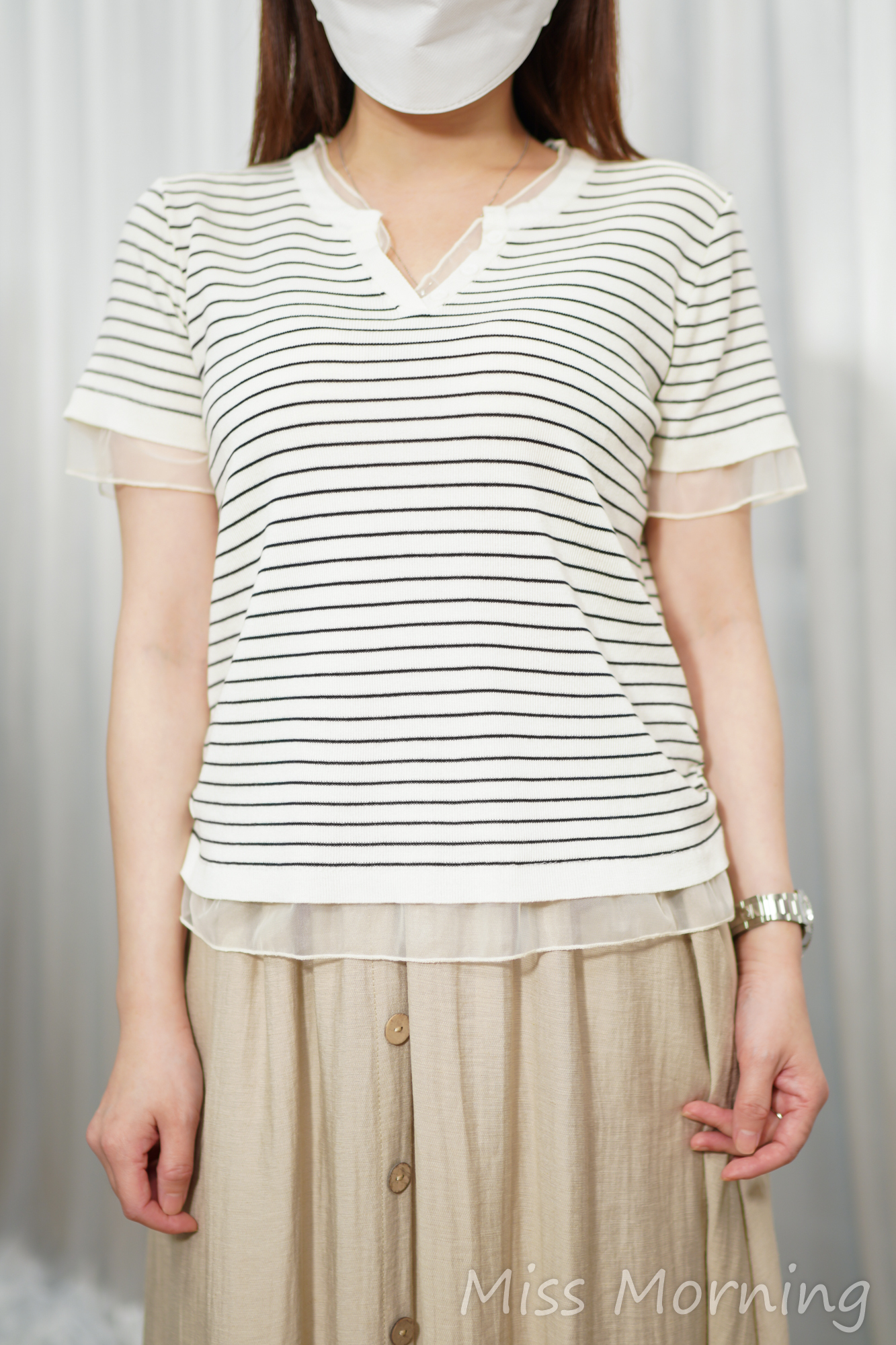 軟熟的條子拼紗邊線衫(15156)